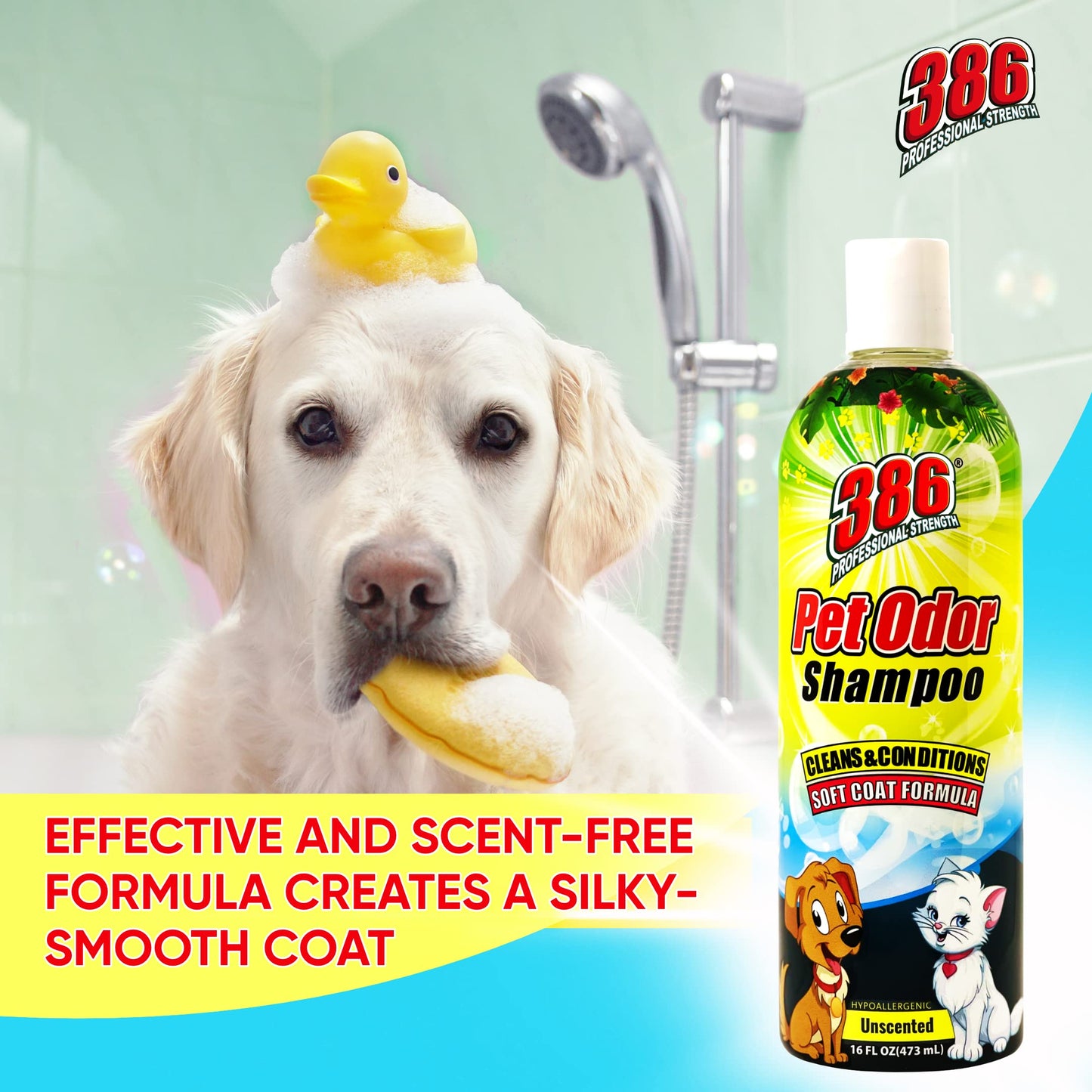386 Professional Strength Dog Shampoo and Conditioner – 16 FL Oz Pet Odor Dog Shampoo for Smelly Dogs – Soft Coat Formula with Safe Ingredients – Unscented Hypoallergenic Dog Shampoo
