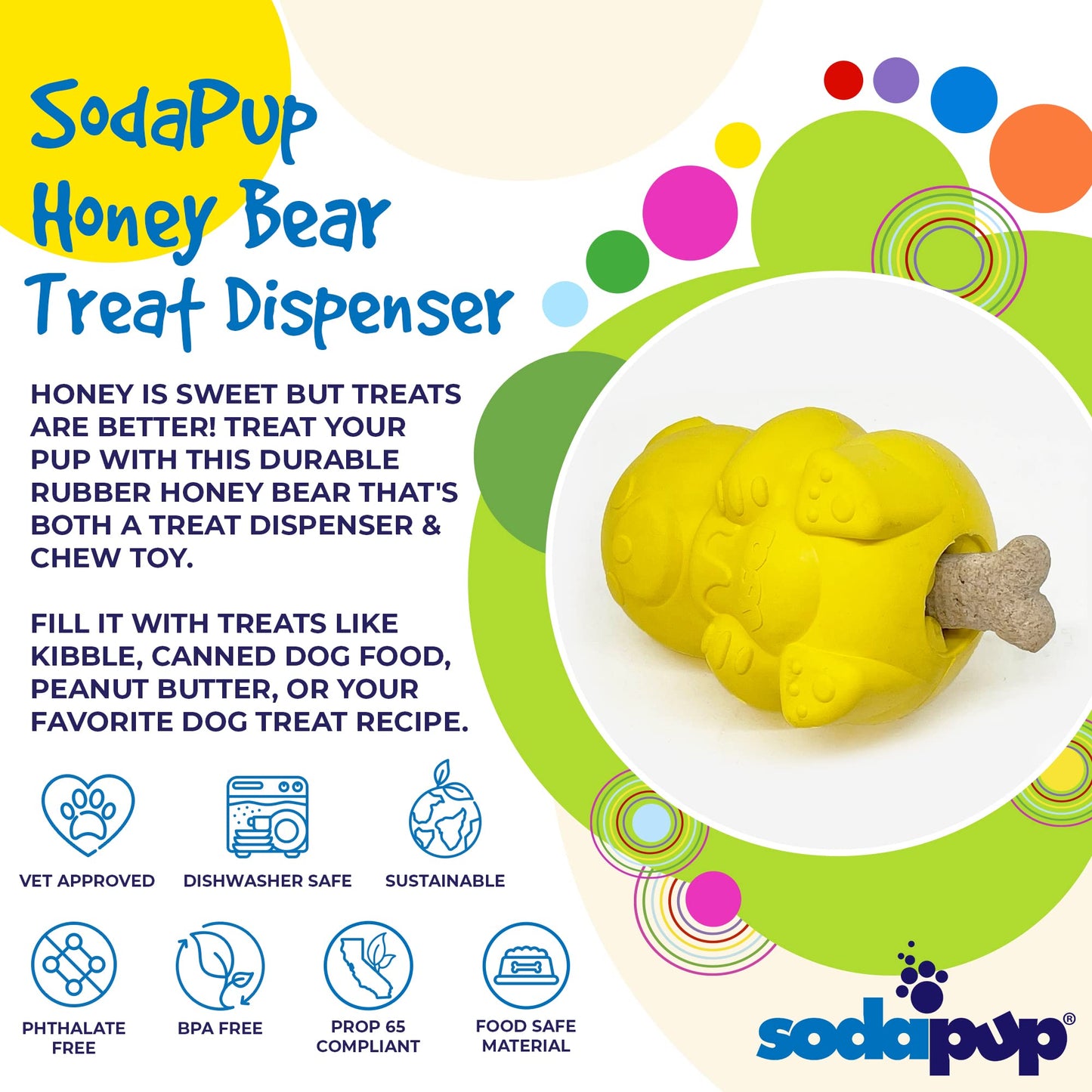 SodaPup Honey Bear – Durable Dog Treat Dispenser & Chew Toy Made in USA from Non-Toxic, Pet Safe, Food Safe Natural Rubber Material for Mental Stimulation, Problem Chewing, Calming Nerves, & More
