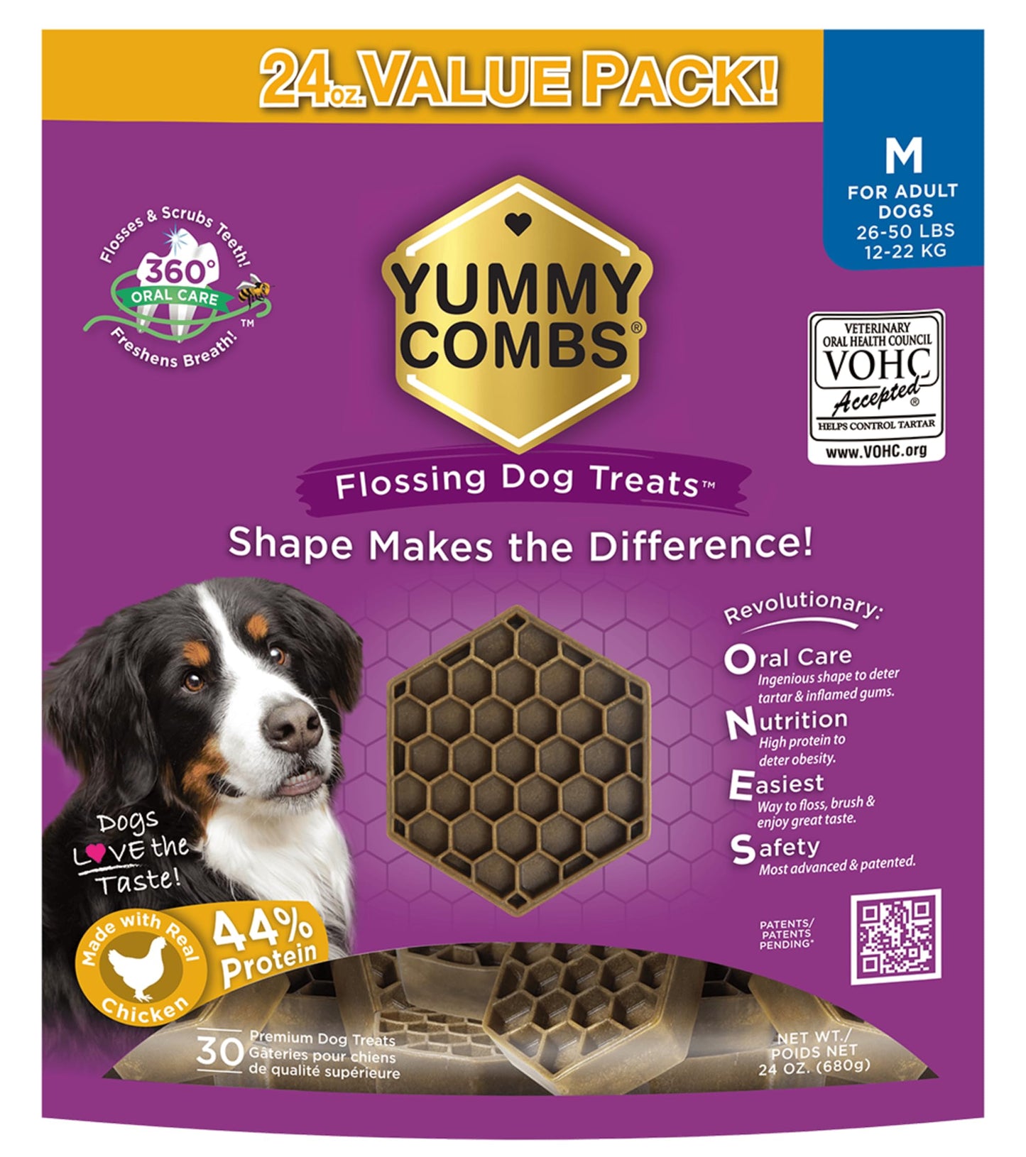 Yummy Combs Dog Dental Treats – Vet VOHC Approved – Delicious Chicken Protein – Removes Tartar with Cleaning Comb Shape – Dental Dog Treats for Medium Dogs (24oz, 30 Count)