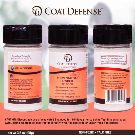COAT DEFENSE Preventative Powder | Made in USA | 3.5oz Waterless Dog Shampoo & Pet Deodorizer for Smelly Dogs | Provides Anti Itch Relief | Dog Shampoo for Dry Itchy Skin & Smelly Dogs