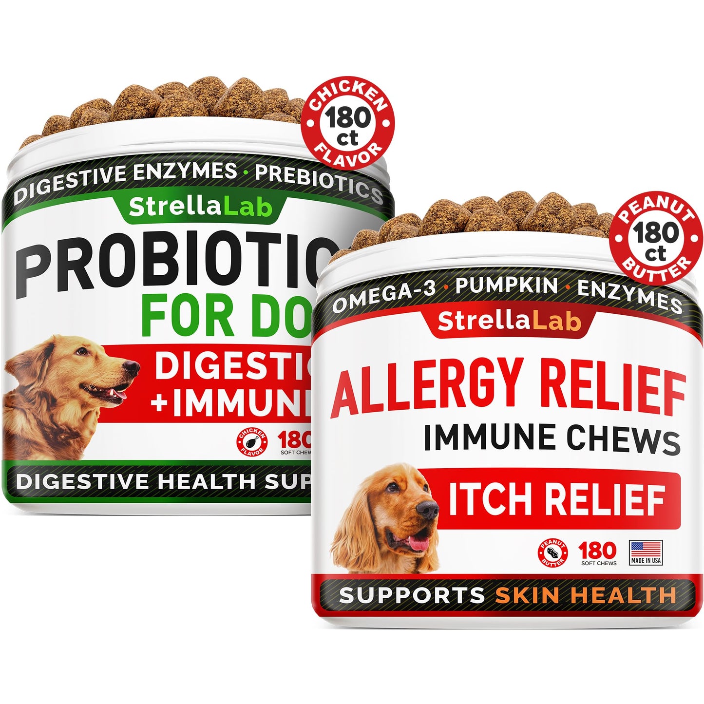 Probiotics + Allergy Relief for Dogs Bundle - Chewable Fiber Supplement + Itchy Skin Treatment - Digestive Enzymes + Omega 3 & Pumpkin - Upset Stomach Relief + Itch Relief- 360 Chews - Made in USA