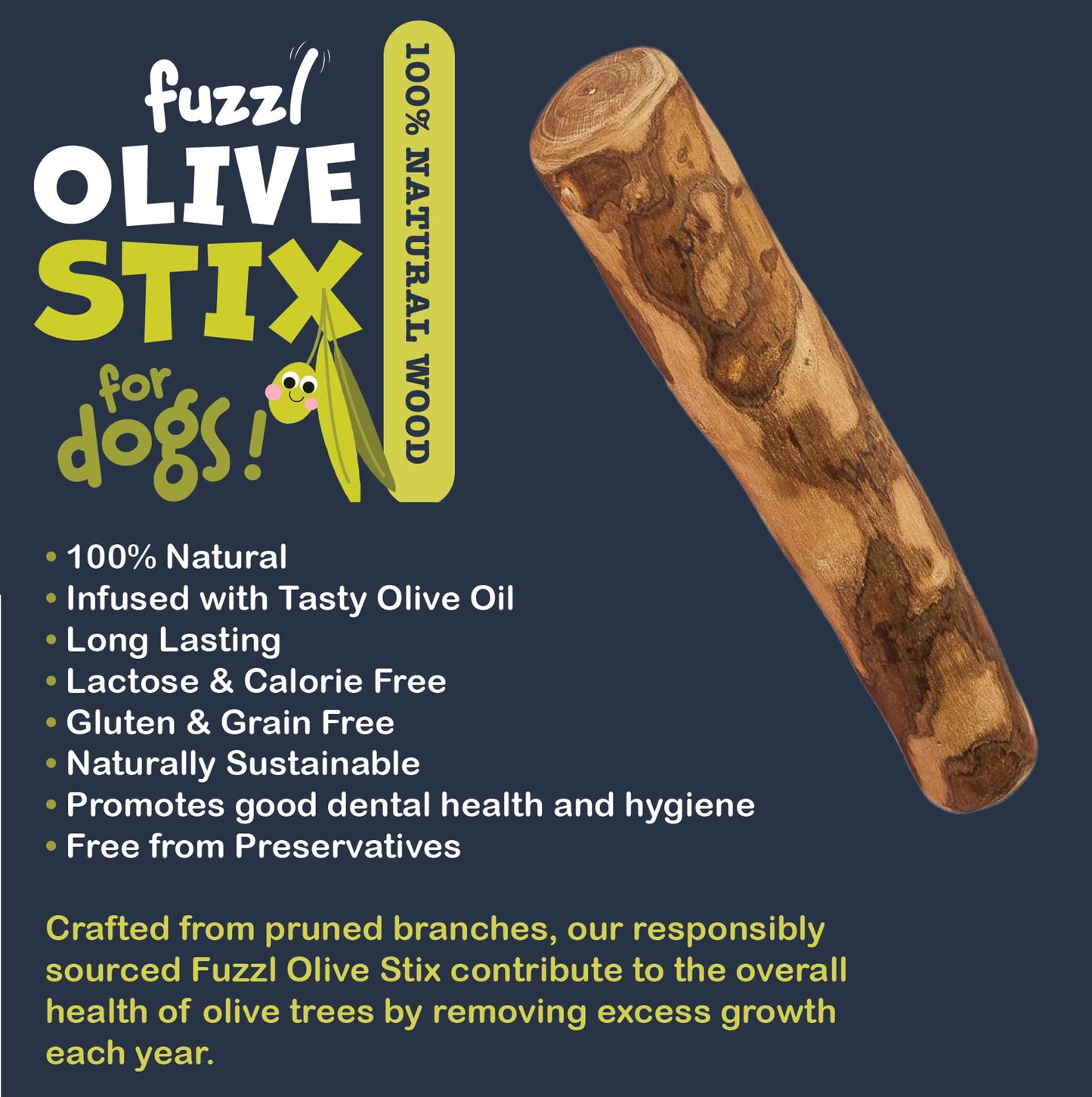 Fuzzl Olive Stix Medium 2 Pack Dog Chew Toy - Natural Olive Wood Dog Chews Tough Toys Long Lasting Chew Toys for Aggressive Chewers