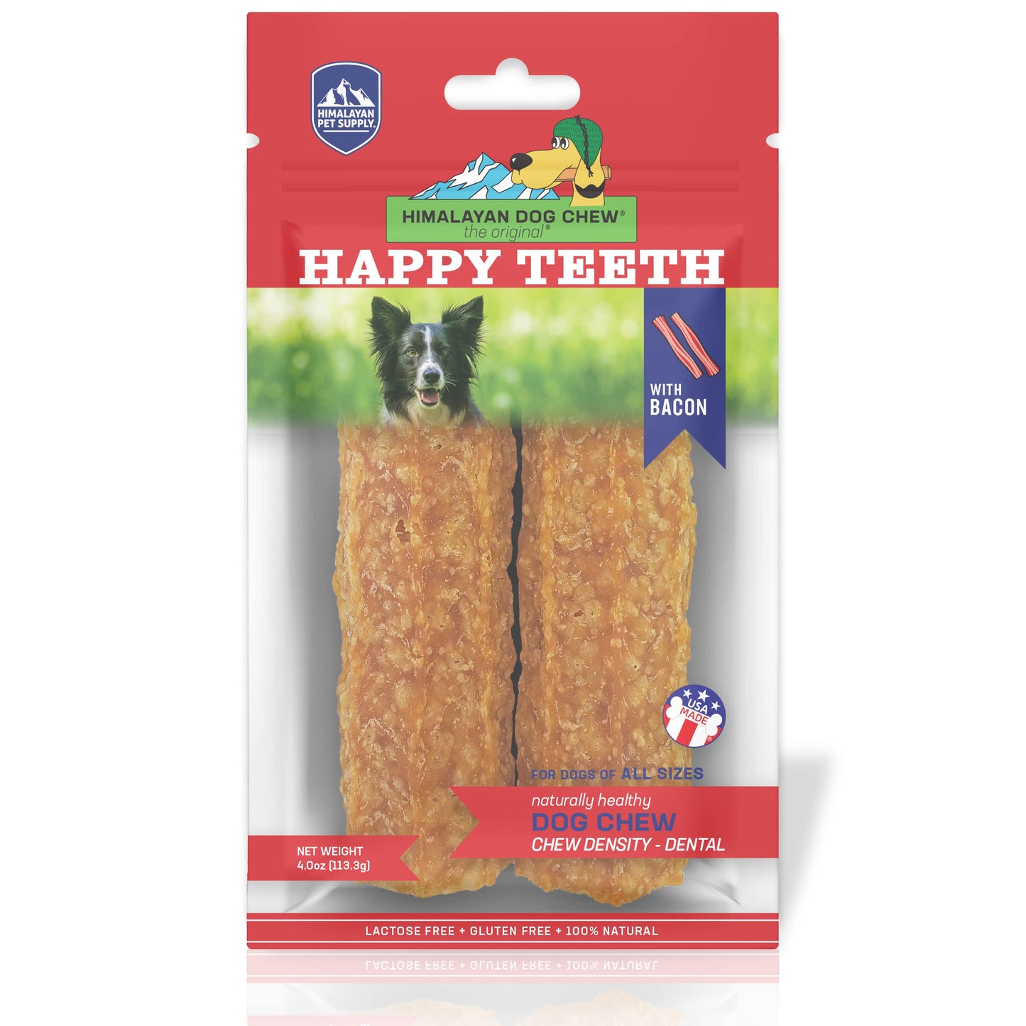 Himalayan Dog Chew Happy Teeth Yak Cheese, Soft Dog Chews, 100% Natural Soft Density Dental Treats, Gluten Free, Safe Treats for Oral Health, Lactose & Grain Free, Protein Rich, Bacon, 2 Count