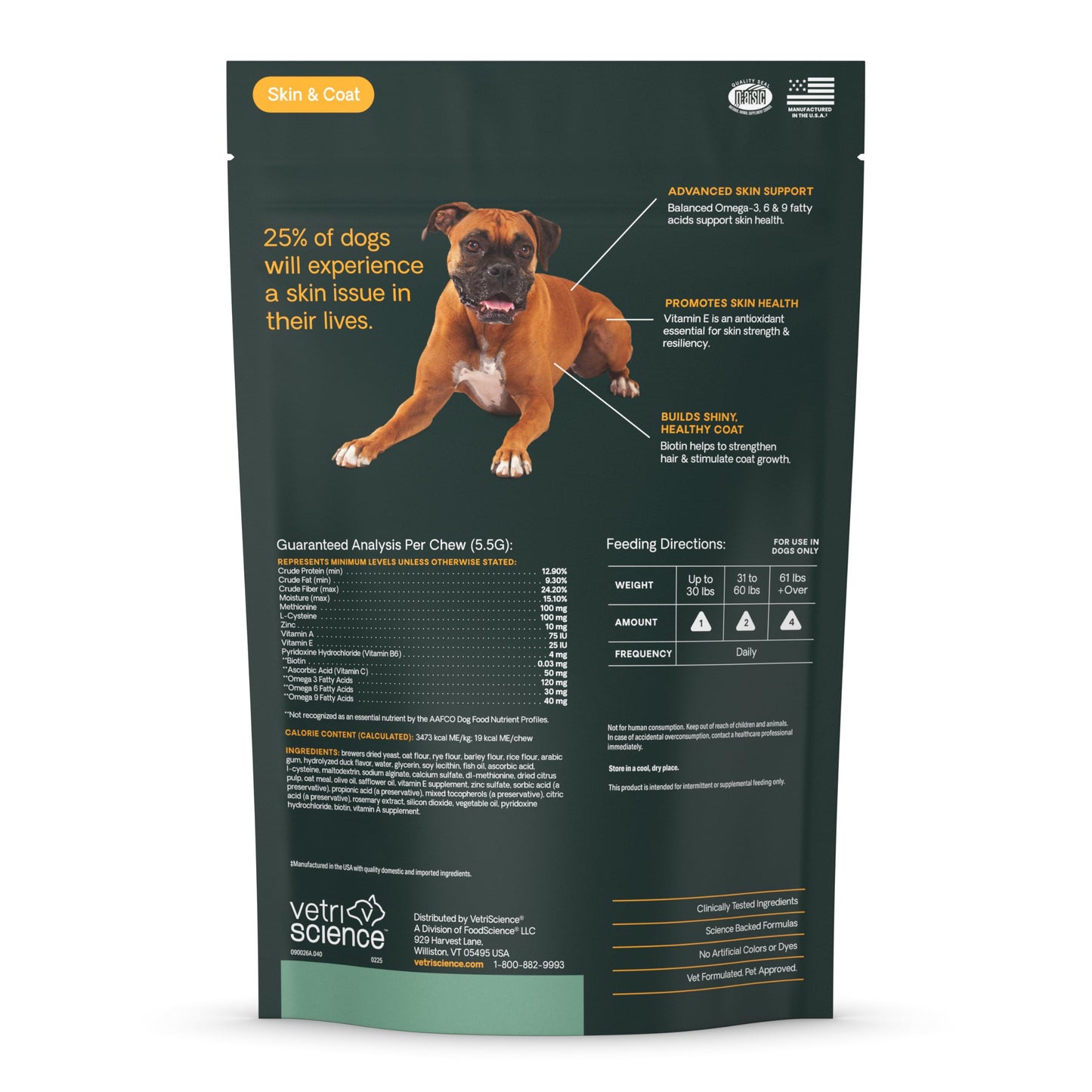 VetriScience Extra Strength Healthy Skin & Coat Chews, Omega Plus Supplement for Dogs, with Balanced Omega 3, 6, 9, Fish Oil and Biotin, Skin Health, Coat Growth and Shine, Duck, 40 Count