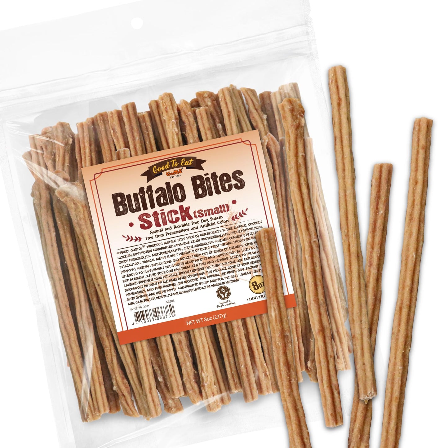Gootoe Buffalo Dog Treats, Buffalo Bites Stick (Small) 8oz - Natural Low-Fat Chews for Training & Rewards, Limited Ingredient, Resealable Bag, Perfect for Small Dogs & Puppies