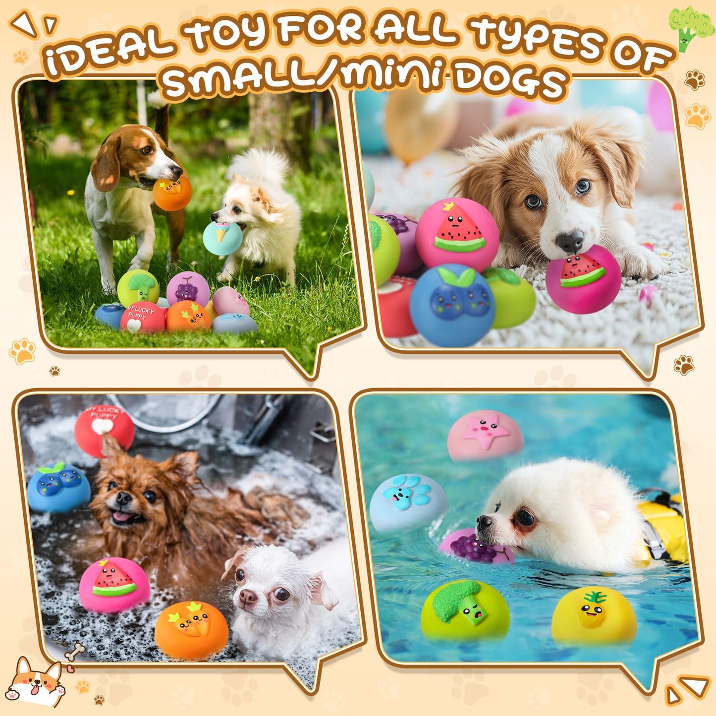Hungdao 40 Pcs Bulk Dog Squeaky Toys Soft Rubber Latex Dog Toys Small Squeaky Balls Interactive Fetch Balls for Teething Small Pet Breeds Training(Cute Fruit)