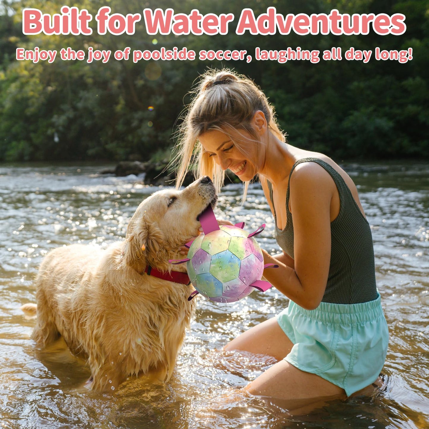QDAN Premium Dog Toys Soccer Ball with Straps, Puppy Balls for Small Medium Dogs, Dog Water Toys Pool Toys, Puppy Dogs Pet Birthday Gifts, Rainbow（6 Inch）