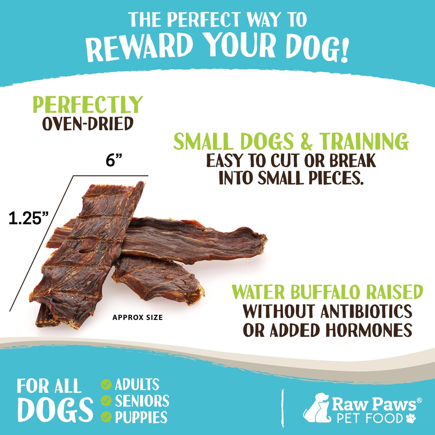 Raw Paws Water Buffalo Jerky Treats for Dogs, 16-oz - Packed in USA - Free-Range Pure Buffalo Meat - Beef Jerky Alternative - Treats for Dogs - Single Ingredient