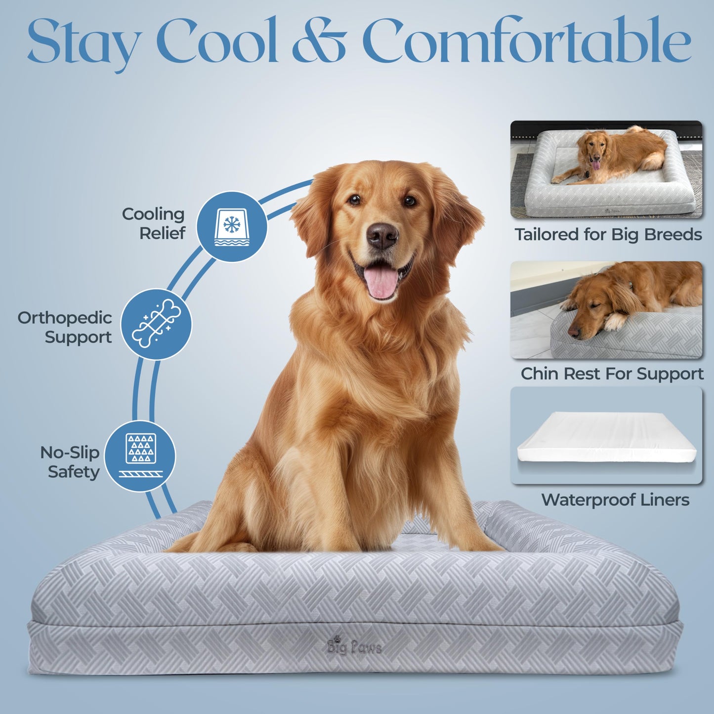 Big Paws Large Cooling Orthopedic Dog Bed for Large Dogs - Ice Silk Cooling Cover, 5 Waterproof Liners, Non-Slip Bottom, Raised Bolsters, Machine Washable Dog Bed - Gray
