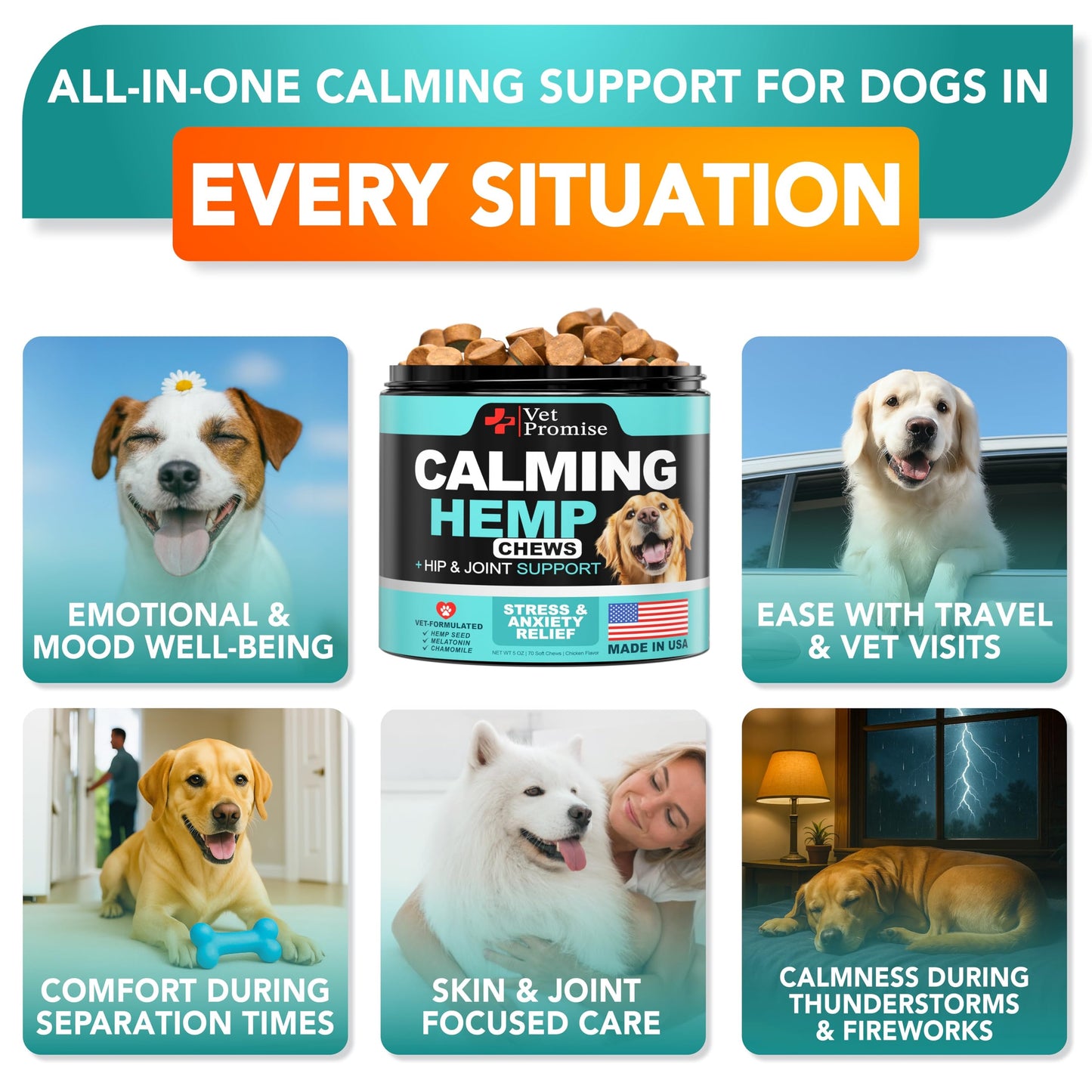 Advanced Calming Chews for Dogs - Hemp Dog Calming Chews - Anxiety Relief with Melatonin - Stress & Separation Anxiety - Sleep Aid + Hip and Joint Supplement Support - Made in USA - 70 Treats