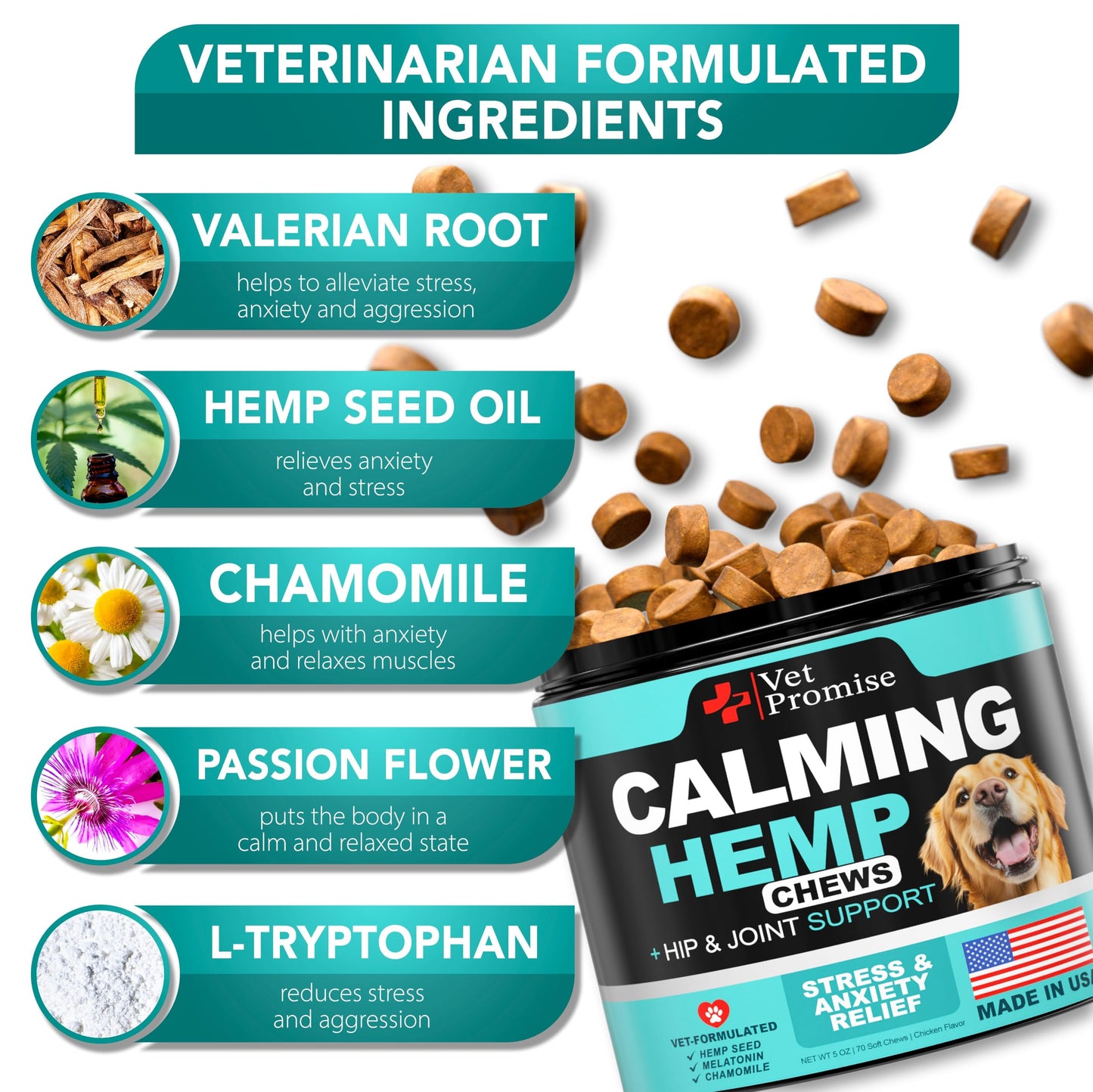 Advanced Calming Chews for Dogs - Hemp Dog Calming Chews - Anxiety Relief with Melatonin - Stress & Separation Anxiety - Sleep Aid + Hip and Joint Supplement Support - Made in USA - 70 Treats