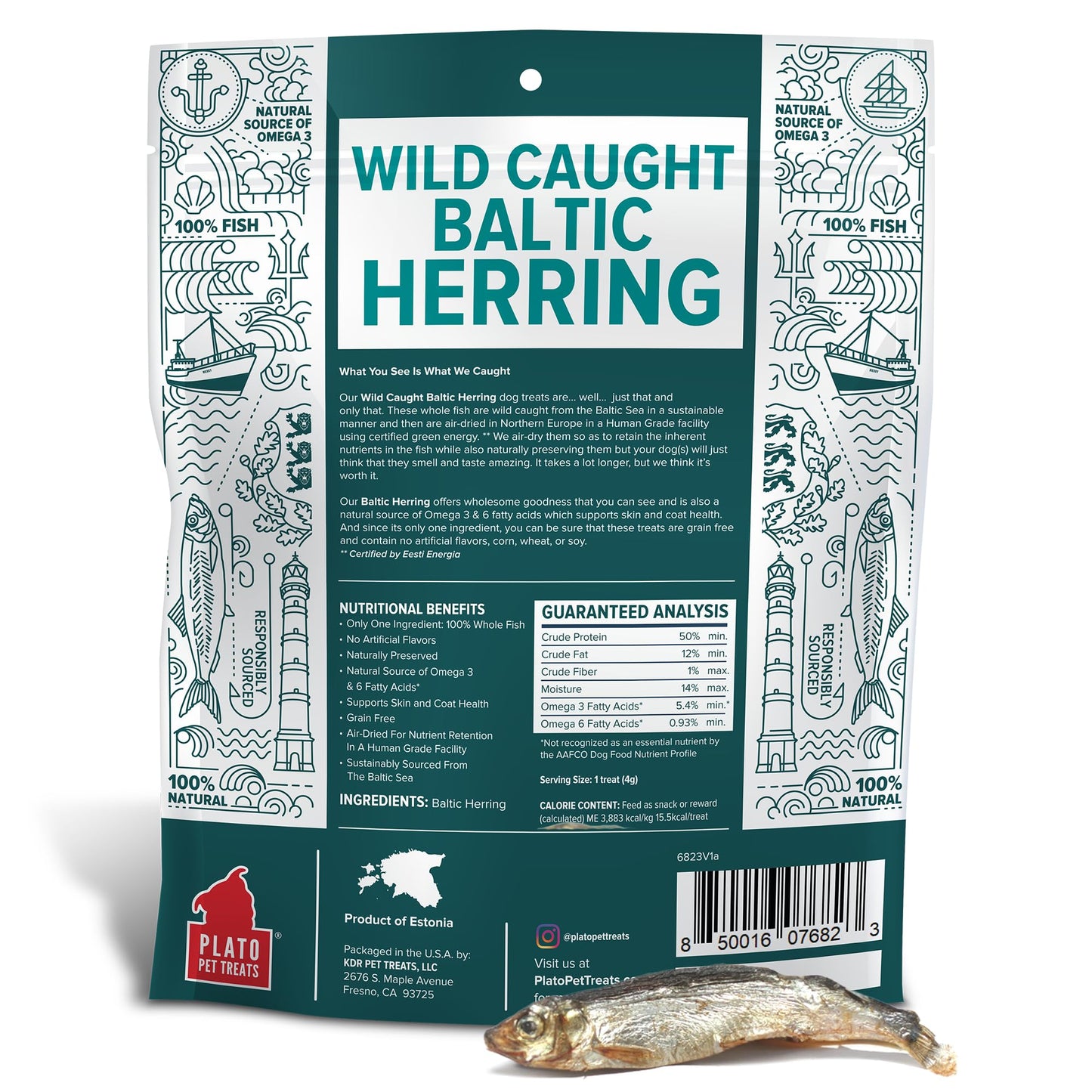 PLATO Pet Treats Fish Dog Treats - Air-Dried, Single Ingredient Dog Treat - with Omega 3 & 6 Fatty Acids to Support Skin and Coat - 100% Whole Fish - Wild Caught Baltic Herring Dog Treats - 8.5 oz