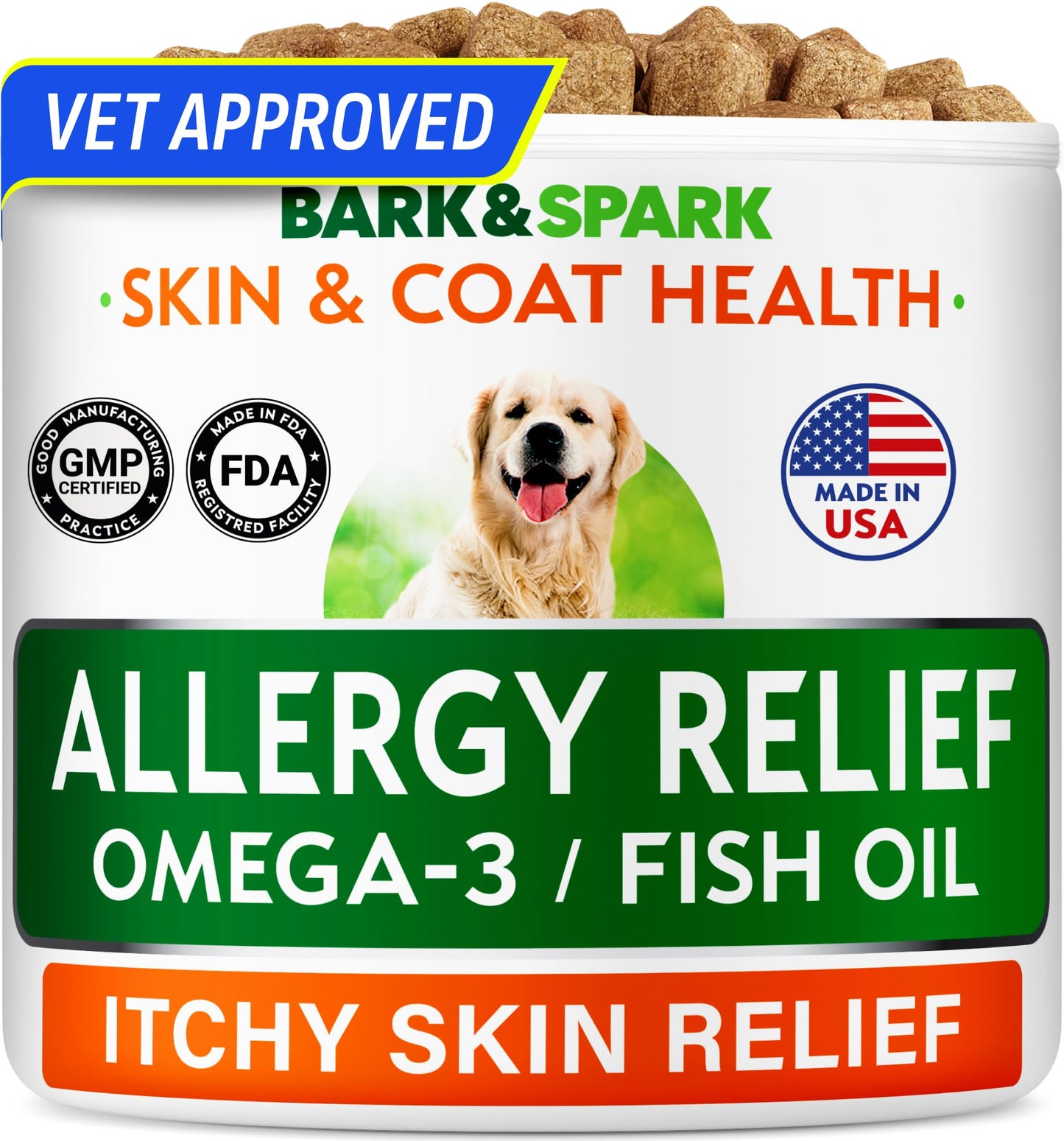 BARK&SPARK Dog Allergy Relief Chews - Anti-Itch Skin & Coat Supplement - Omega 3 Fish Oil - Itchy Skin Relief Treatment Pills - Itching&Paw Licking - Dry Skin&Hot Spots - (60 Immune Treats - Chicken)