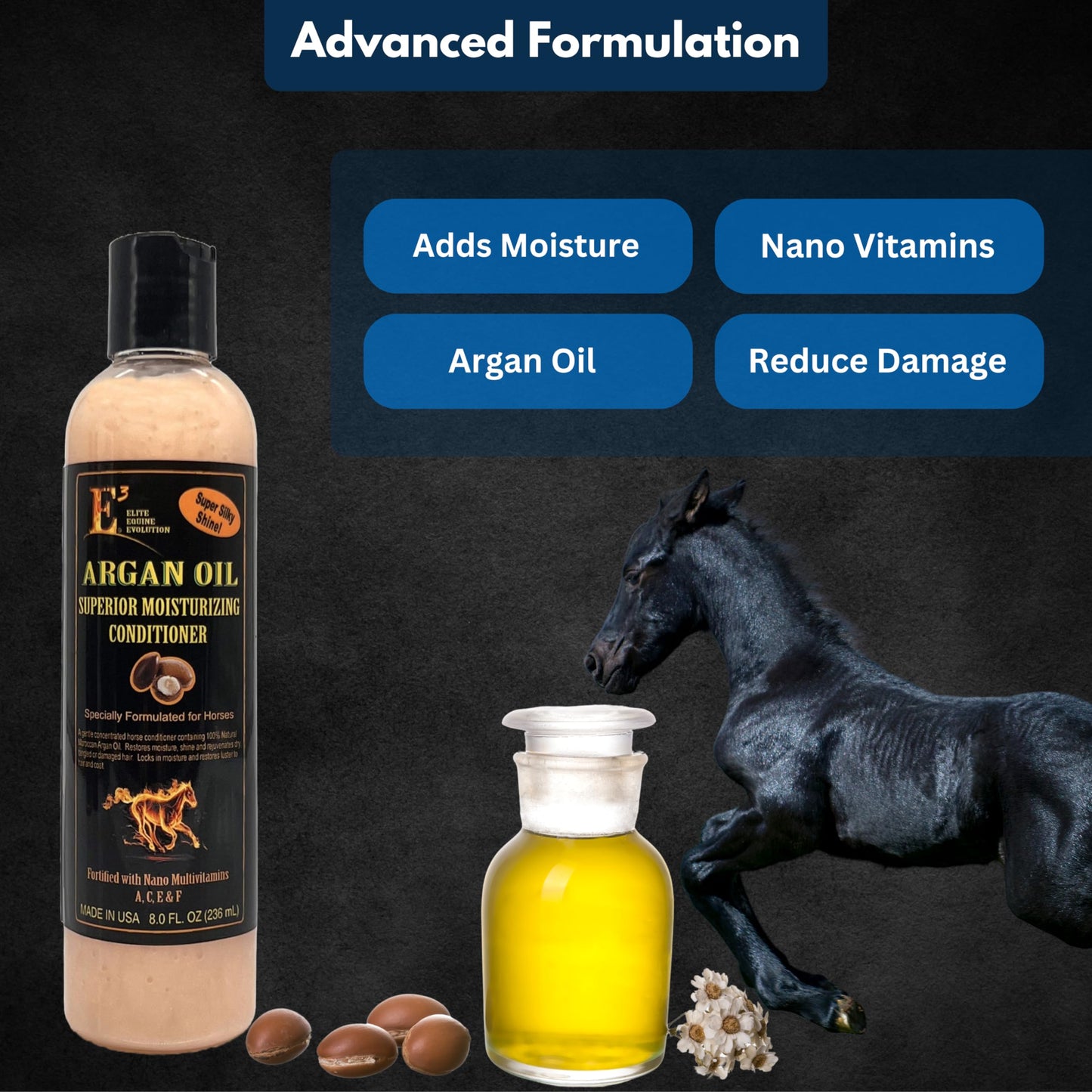 E3 Argan Oil Shampoo + Conditioner 8 oz - E3 Argan Oil Shampoo for Horses - Deep Moisturizing, Strengthens Hair, Enhances Shine, Gentle Formula, Vet Approved