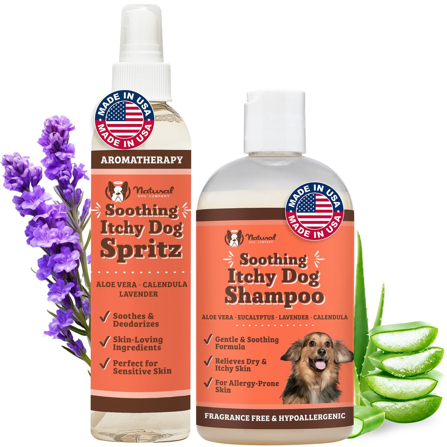 Natural Dog Company Soothing Itchy Shampoo and Spray Deodorizer Perfume, Includes (1) Soothing Shampoo 12 Oz, (1) deodorizing Spray 8 Oz