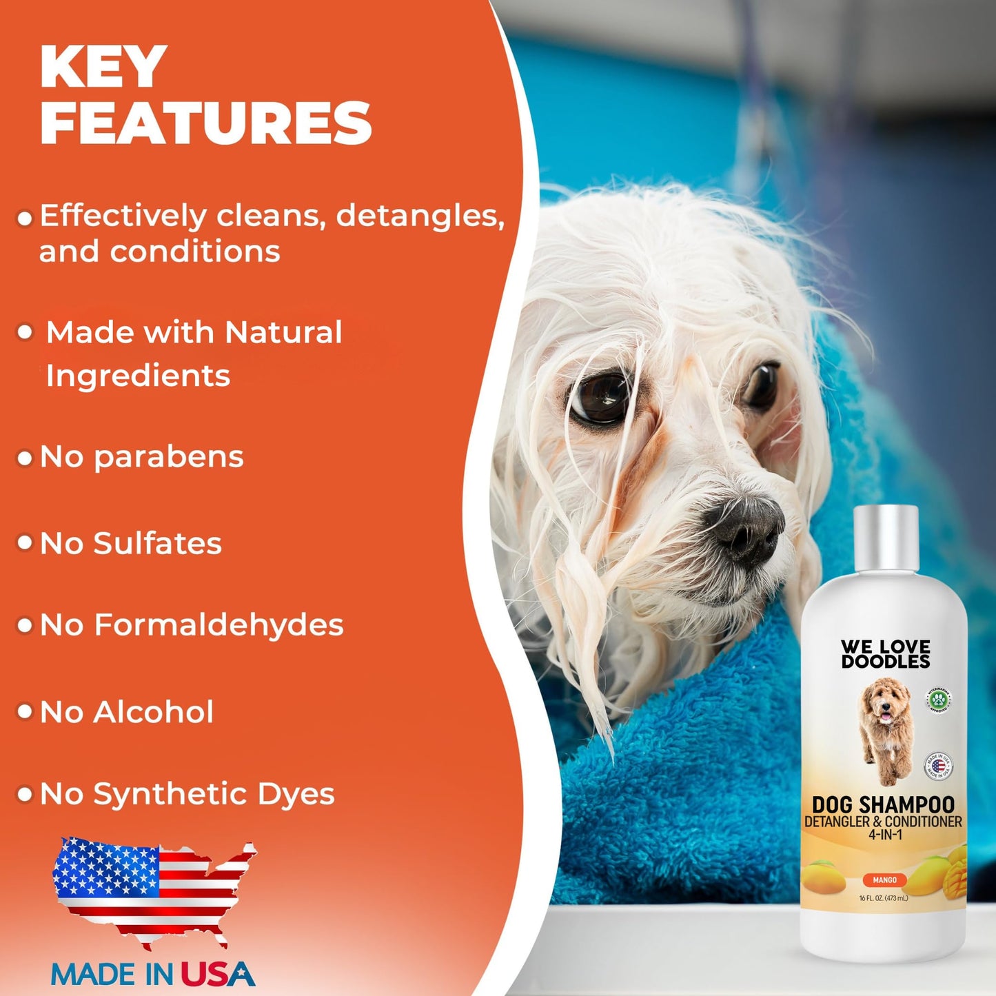 We Love Doodles Dog Shampoo (Mango) and Pin Dog Brush (Bundle) - Pet Shampoo for Matted Hair - Sensitive Skin Shampoo for Puppies - Pin Dog Brush for Shedding & Removing Loose Fur - Made in The USA