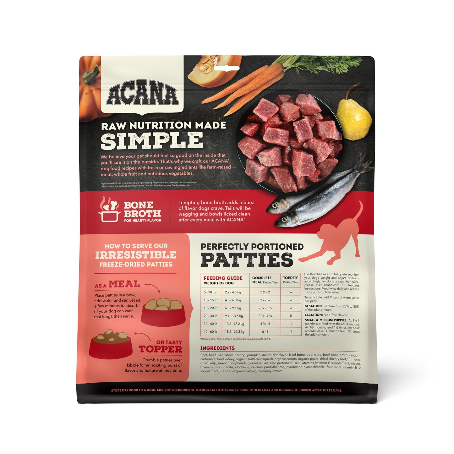 ACANA Grain-Free High Protein Freeze Dried Dog Food & Topper Ranch-Raised Beef Recipe Patties 14oz Bag