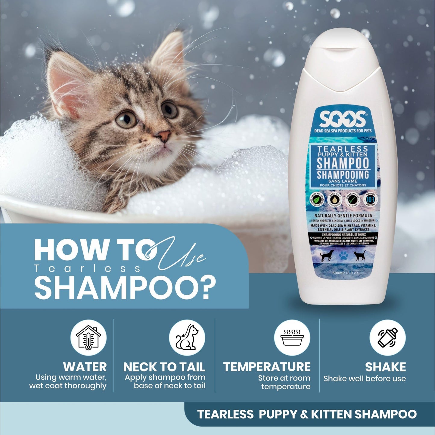 Soos Pet Tear-Less Shampoo for Puppies and Kittens | Natural Dead Sea Minerals | Fast Absorbing, Moisturizing, Gentle Skin Care | Vitamins & Essential Oils for Sensitive Skin - 500ml