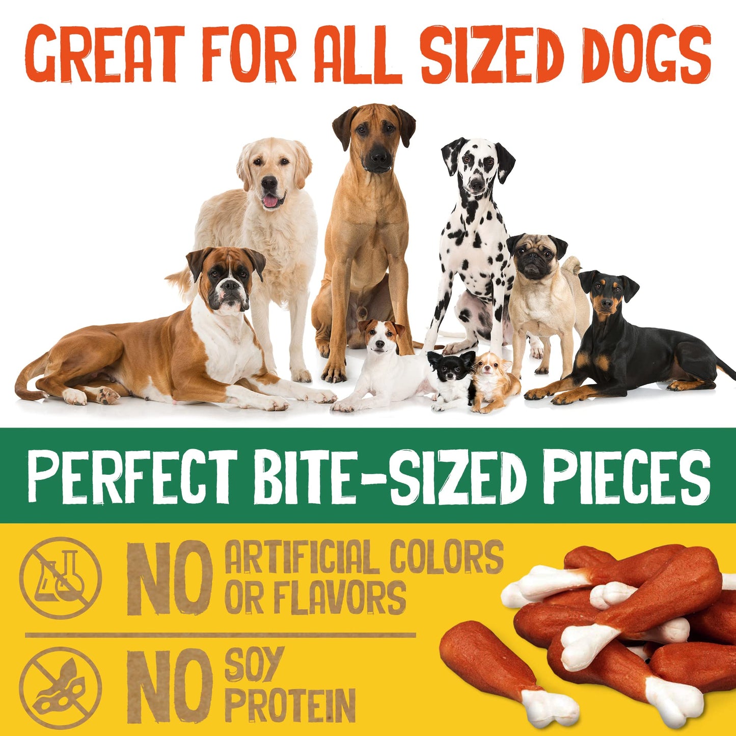 Dog Treats, Rawhide Free, Chewy Cooked Chicken Calcium Bone, Training Treats, Wrapped Drumsticks, Small Medium, Large Dogs.