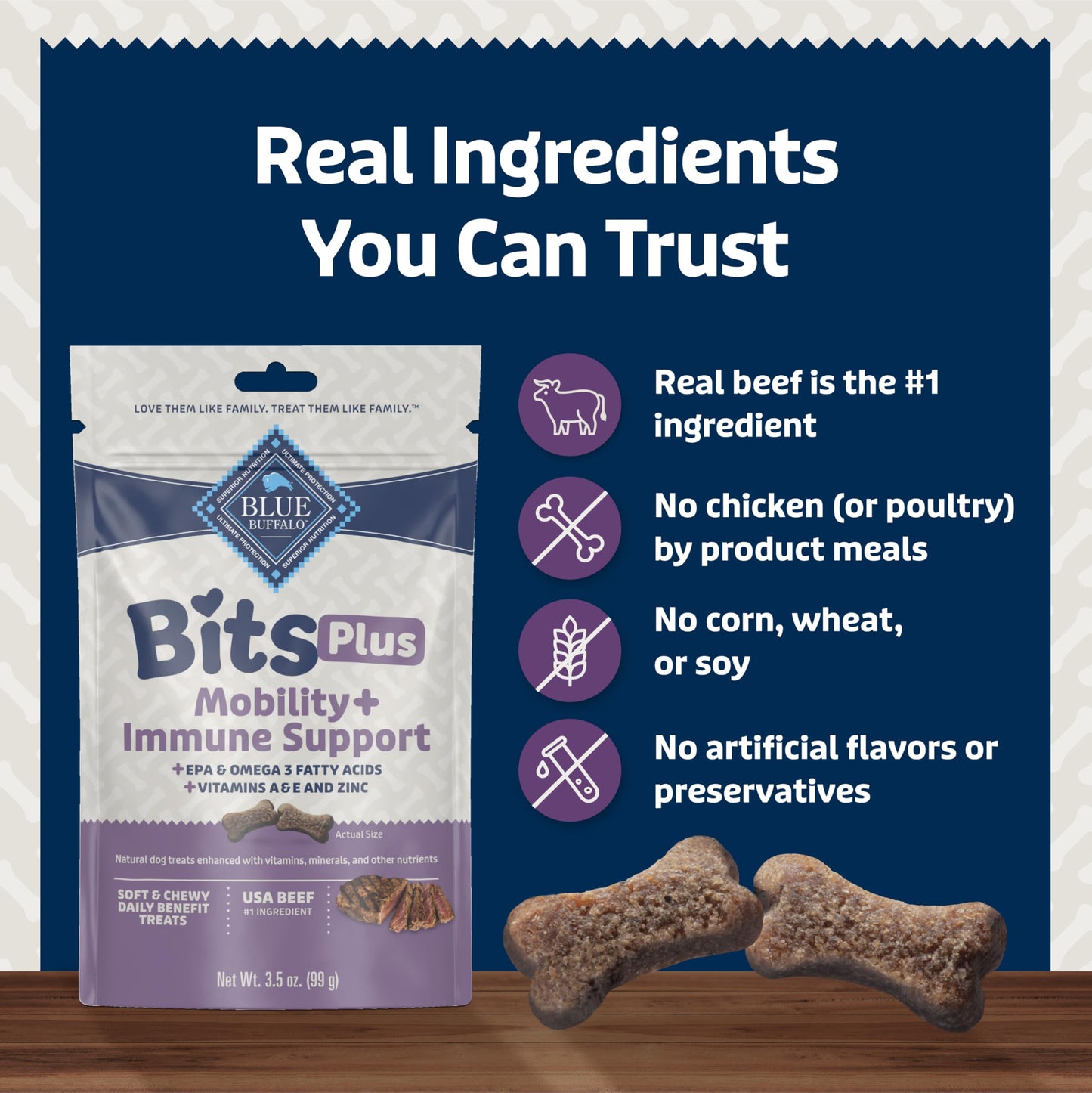 Blue Buffalo Blue Bits Plus Mobility and Immune Support Daily Benefit Dog Treats, Soft & Chewy Beef Morsels, 3.5-oz. Bag