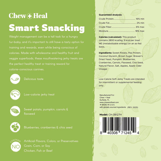 Chew + Heal Labs Low Calorie Dog Jerky Treats - 12 oz of Vegan Plant Based Natural Dog Treats with Chia Seeds, Fruits, and Vegetables - Good for Weight Management - Made in The USA