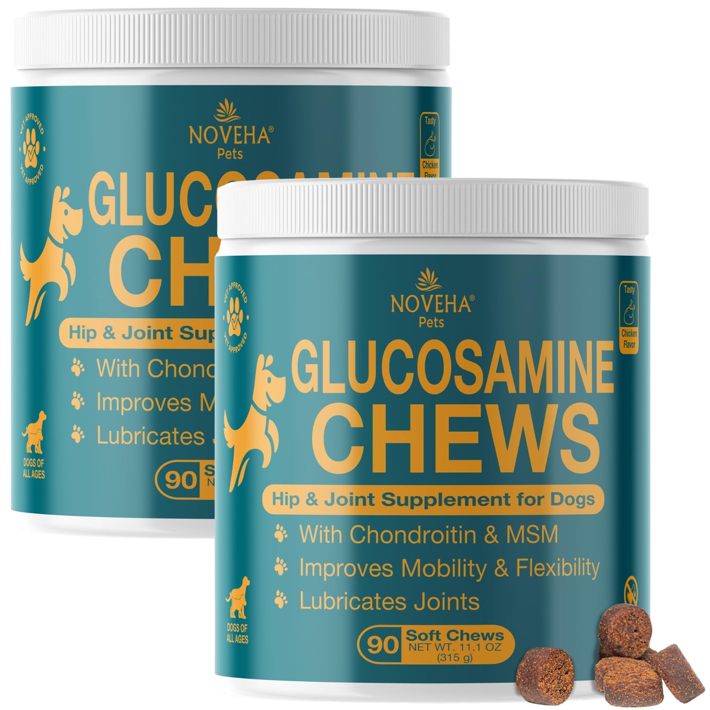 NOVEHA Dog Glucosamine Chews | Hip and Joint MSM Formula for Dogs Joint Care | Senior Pet Joint Health Supplement | Premium Glucosamine and Chondroitin for All | 2PK - 90 Soft Chews; Chicken Flavor