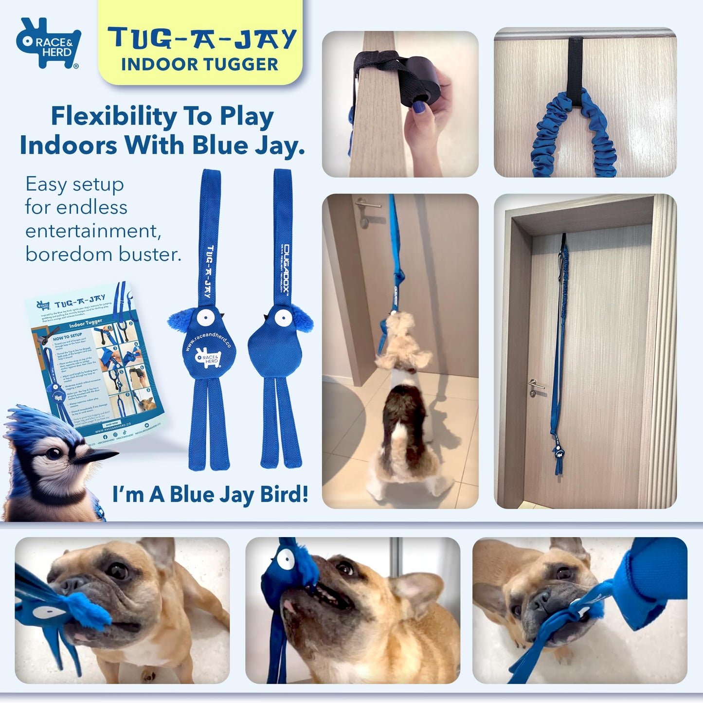 Race&Herd Tug-A-Jay Tree Tugger - Tether Tug Outdoor Dog Toy, Dog Tether Bungee Tug Toy, Tug of War Dog Toys, Dog Backyard Play Equipment Rope, Yard Dogs Playground Equipment, Puppy Outdoor Play