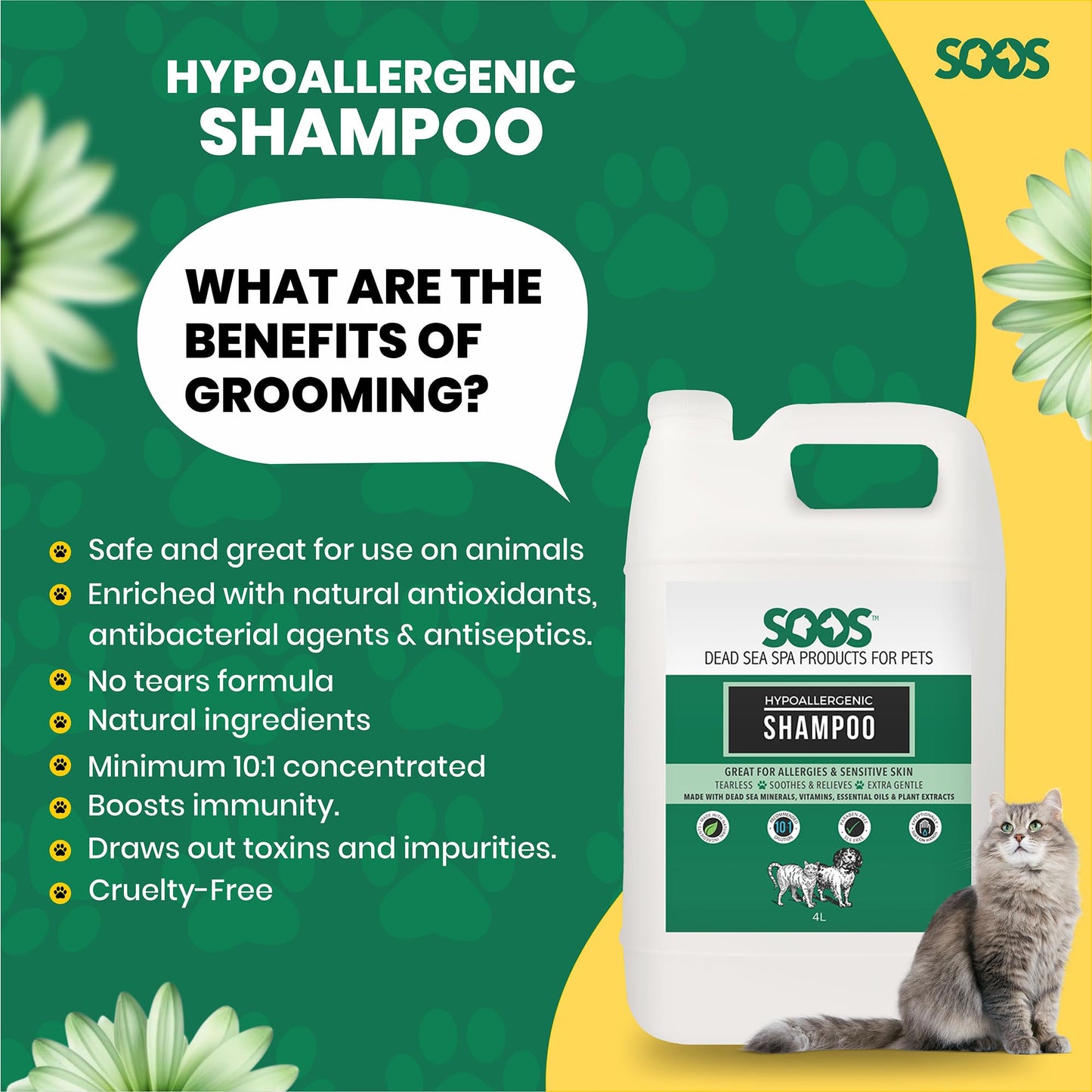 Soos Pet Hypoallergenic Shampoo for Dogs and Cats Made with Natural Dead Sea Minerals Fast Absorbing with Vitamins Essential Oils Natural Ingredients - 1x (4L Gallon)