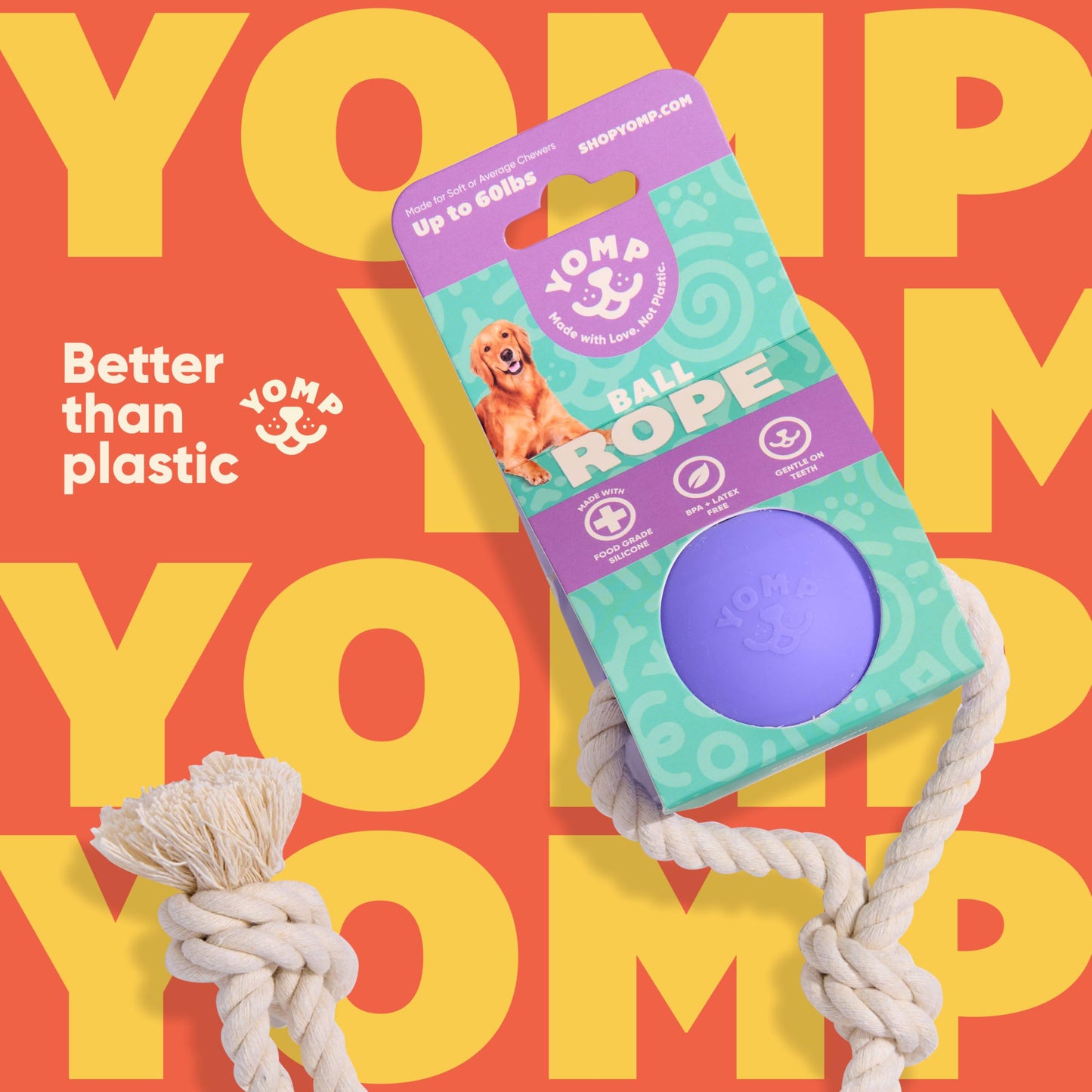 Yomp BallRope Ball on a Rope Dog Toy – Interactive Tug of War Toy for Soft and Medium Chewers, Teething Puppy Ball – Made from Pet-Safe, Non-Toxic Silicone