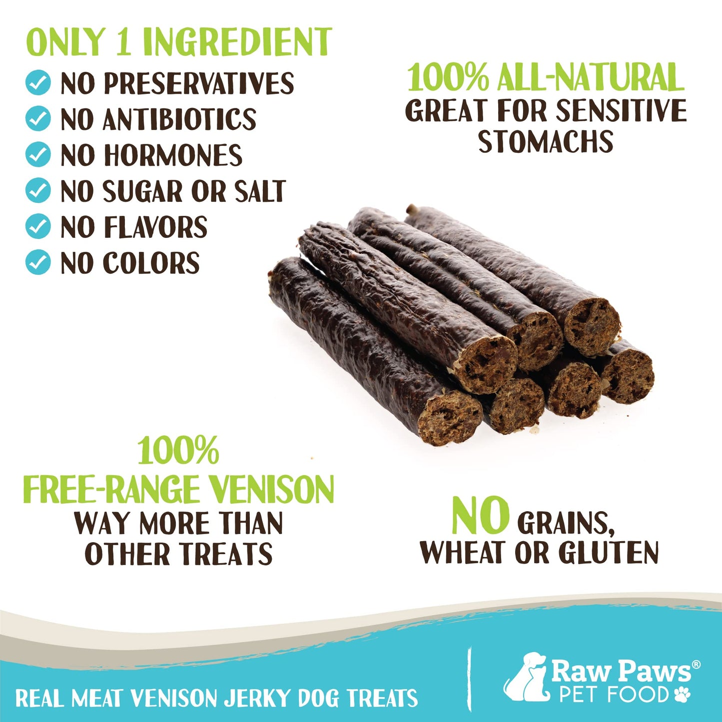 Raw Paws Wild-Caught Venison Dog Treats, 6-oz - Packed in USA - Real Meat Jerky - Single Ingredient Venison for Dogs