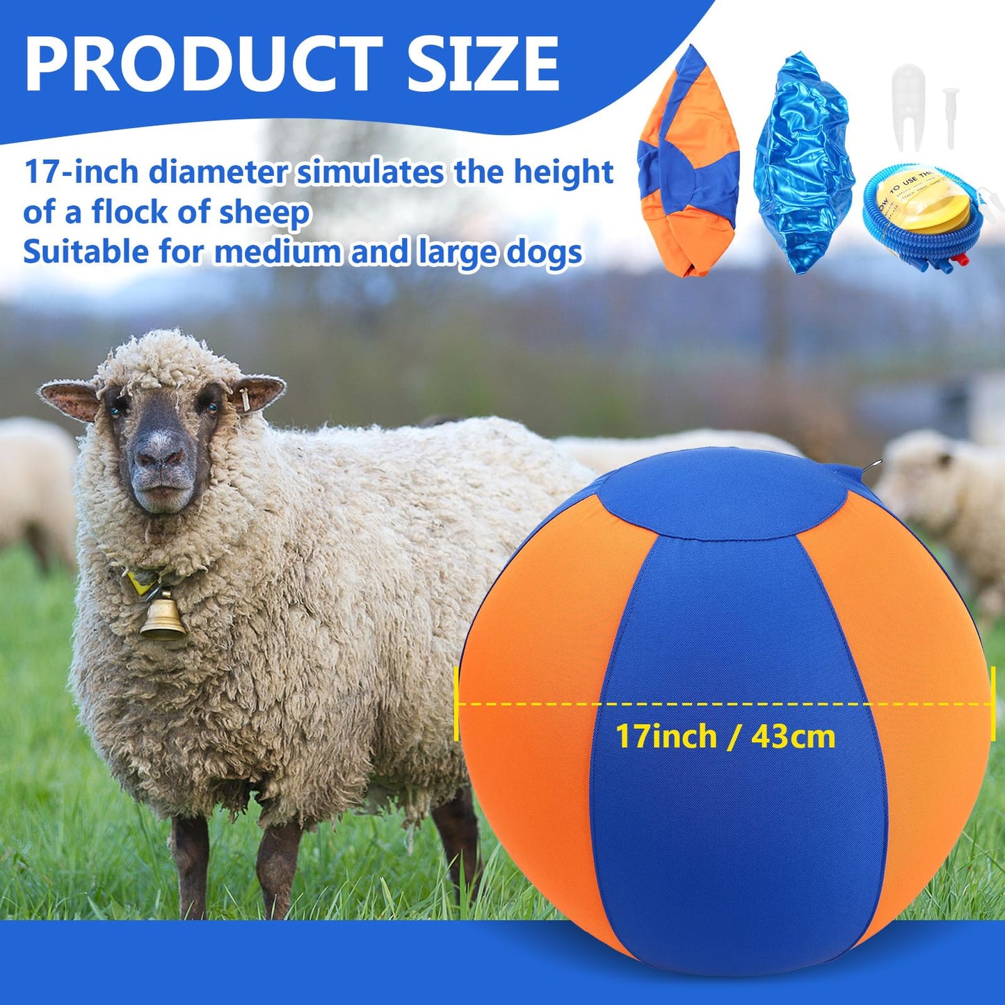 2 Set 17 Inch Herding Ball for Dogs Durable Dog Herding Ball with Full Coverage Oxford Cloth Cover Pump Tool Agility Training Equipment for Australian Shepherd Cattle Border Collie