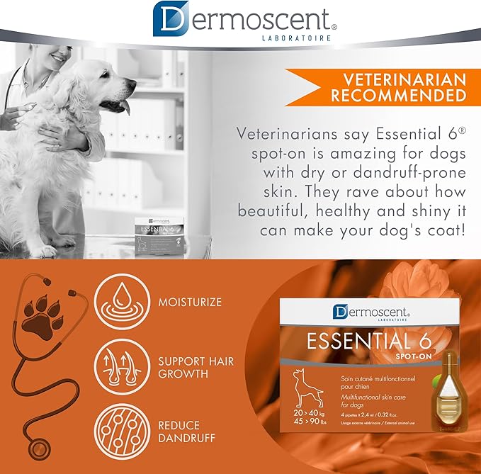 Dermoscent Essential 6 spot-on - Dog Skin Care for Dandruff & Allergy Relief with Vitamin E Oil - Anti Itch for Dogs - Natural Ingredients for Sensitive Skin - Dogs 20-40 kg - 4 Pipettes of 2.4 ml