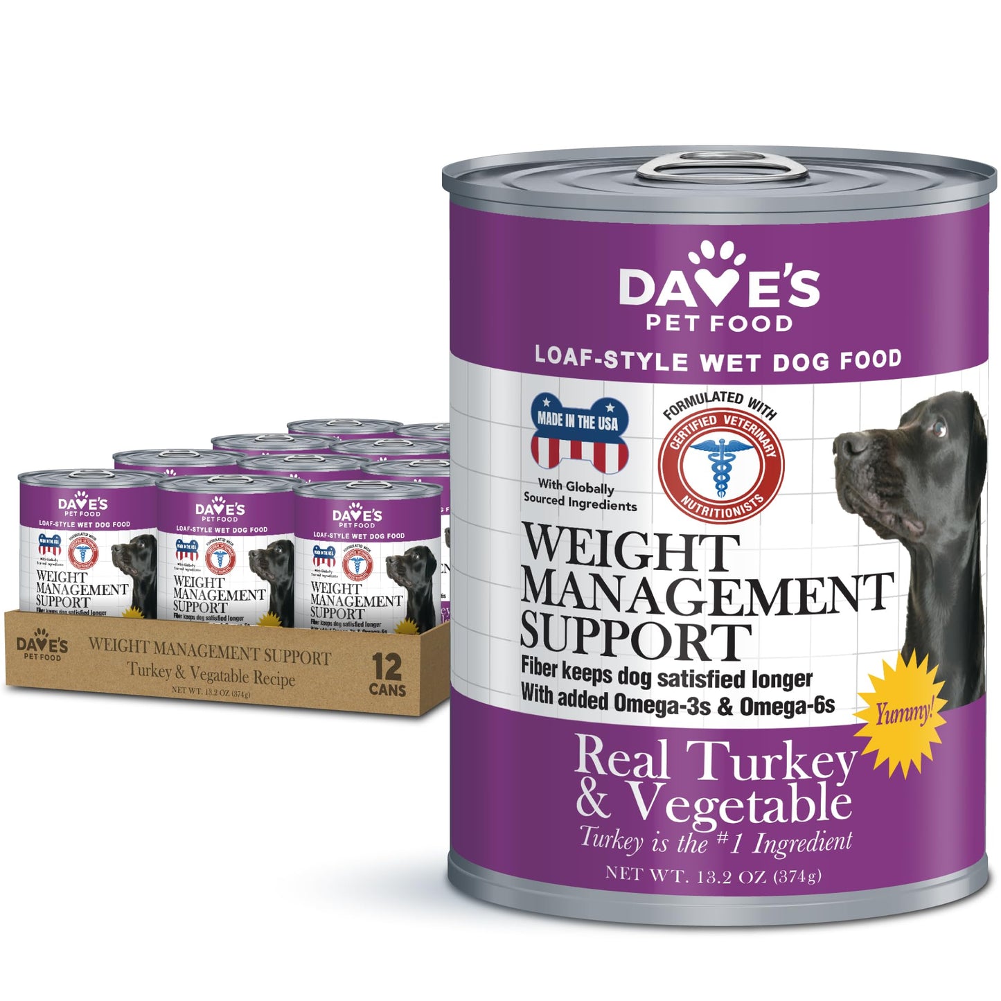 Dave's Pet Food Weight Management Dog Food (Turkey & Vegetables), Made in USA, Weight Loss, Soft, Canned Wet, 13.2oz (12 Pack)