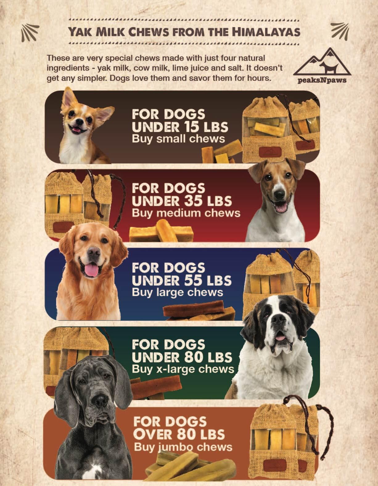 peaksNpaws Himalayan Yak Chews, High Protein Cheese Sticks, Lactose Free, Natural, Long Lasting Dog Treat for Aggressive Chewers Under 15 lbs, 4 Small Treat Sticks, 100% Eco-Friendly Packaging