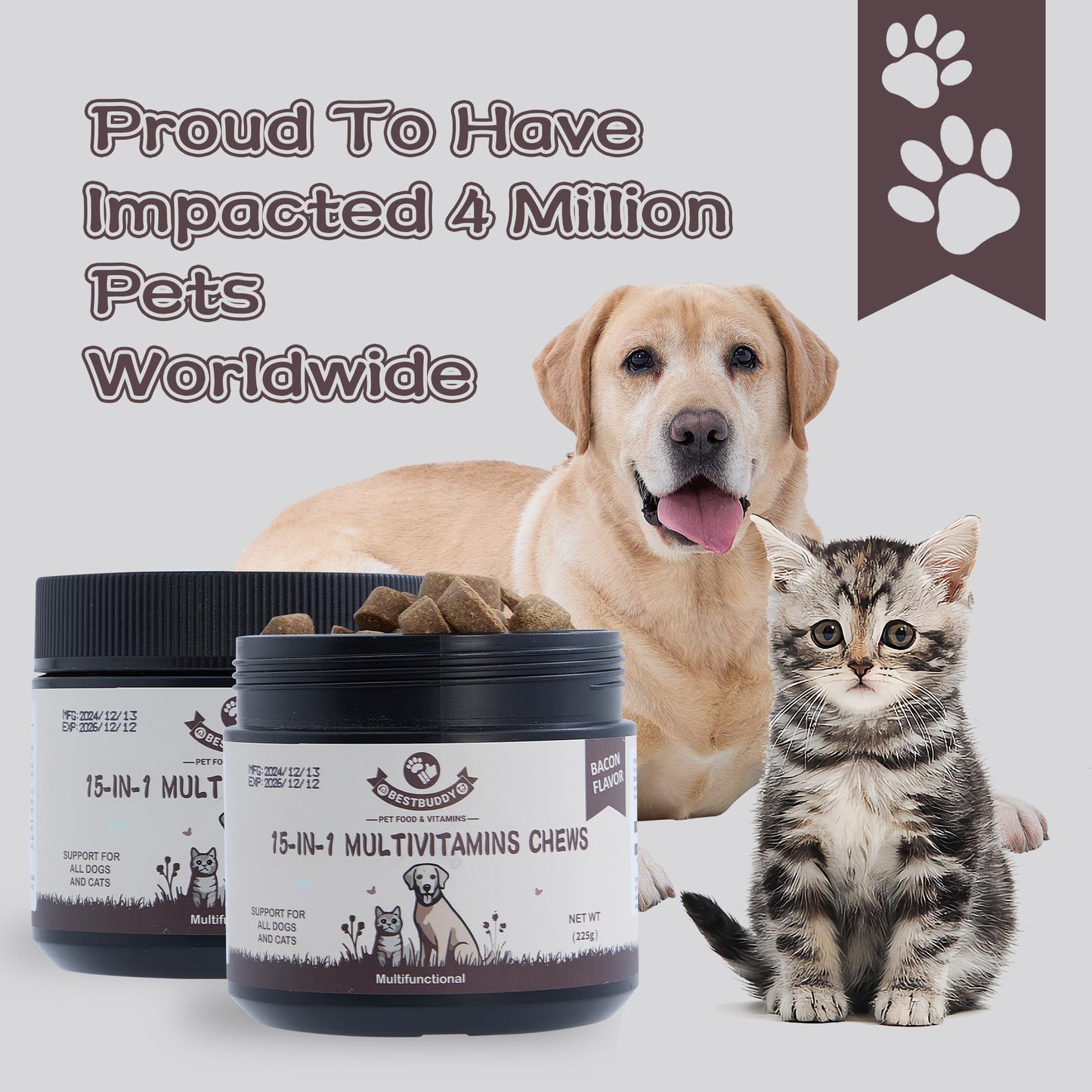 Best Buddy Multivitamin 15-in-1 Treats for Dogs, Complete Health Supplement Joint Support + Digestive Enzymes, Grain Free Dog Vitamins and Supplements for Skin & Coat (Bacon/Pork, 225g)