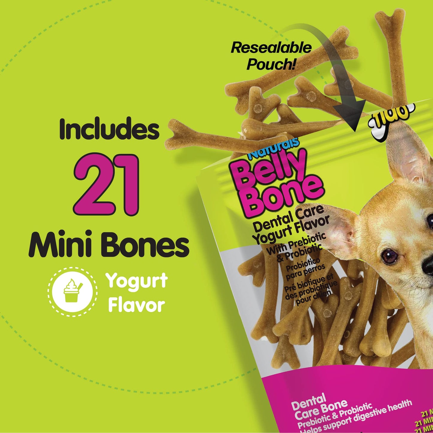 FIDO - Belly Bones for Dogs, 21 Yogurt Flavor Mini Dog Dental Treats (Made in USA) - 21 Count Dog Treats for Small Dogs - Plaque and Tartar Control for Fresh Breath, Digestive Health Support