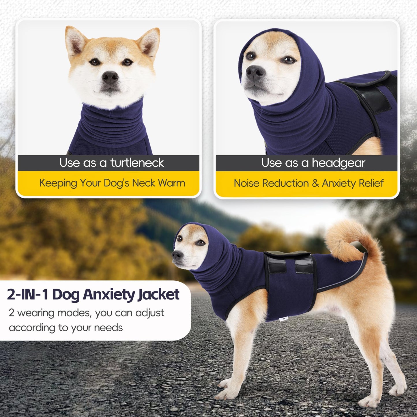Dog Anxiety Jacket, Breathable Dog Anxiety Relief Vest Shirt, 2-in-1 Large Doggy Calming Hoodie with Ears Wrap for Thunderstorms, Fireworks, Vet Visits, Separation, Noise Protect Recovery (Blue, XL)