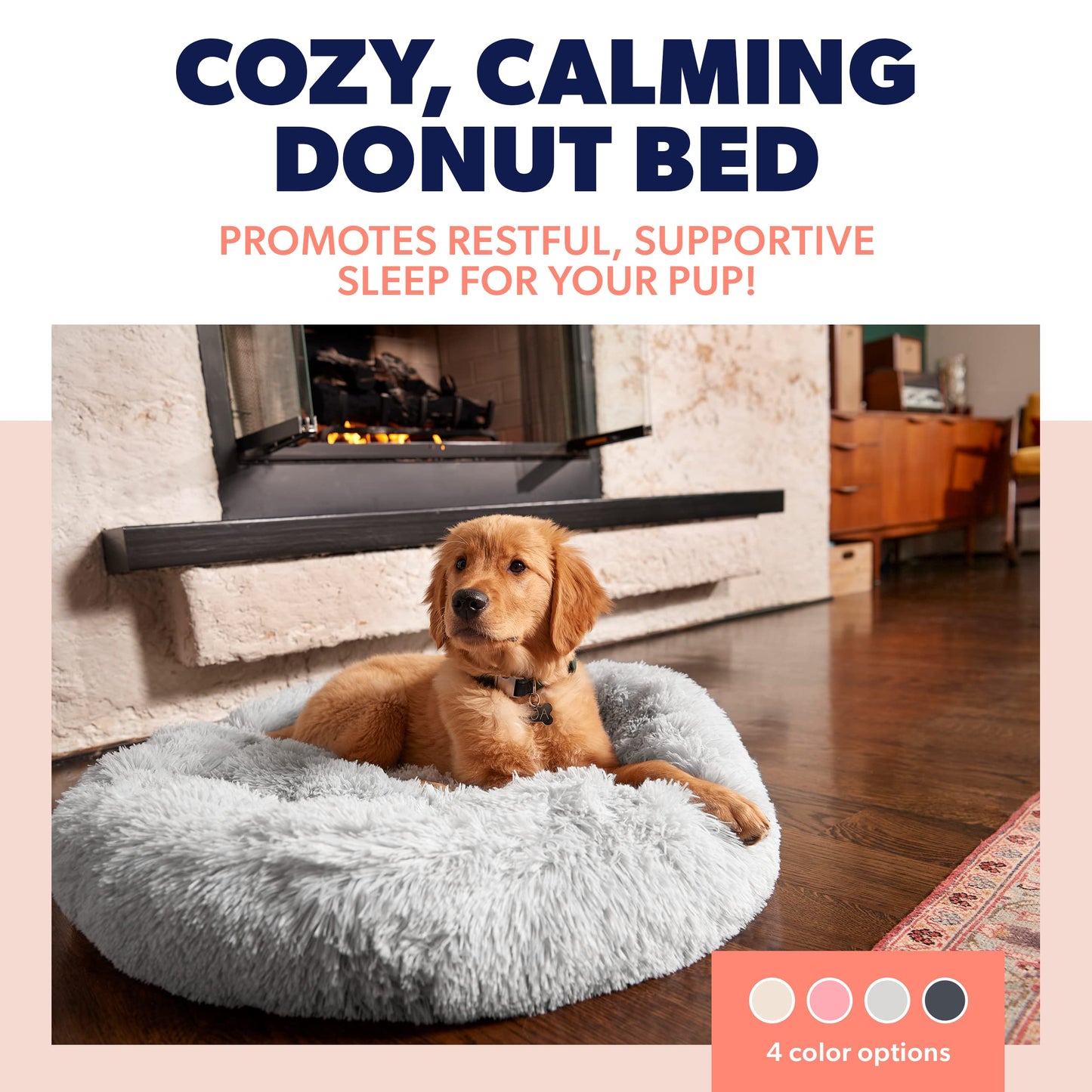 Active Pets Calming Plush Dog Bed Donut Joint Support Anxiety Relief Washable Pet Bed with Removable Cover for Dogs Cats, Large 36", Beige