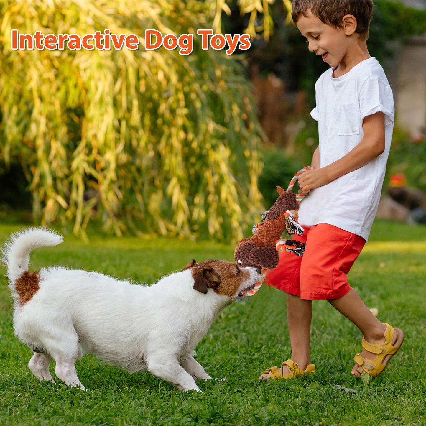 Plush Dog Toys with Rope, Squeaker & Crinkle Paper – Interactive Squeaky Chew Toy for Large Dogs & Puppies – Tough Pet Toy for Tug of War, Fetch & Dental Exercise