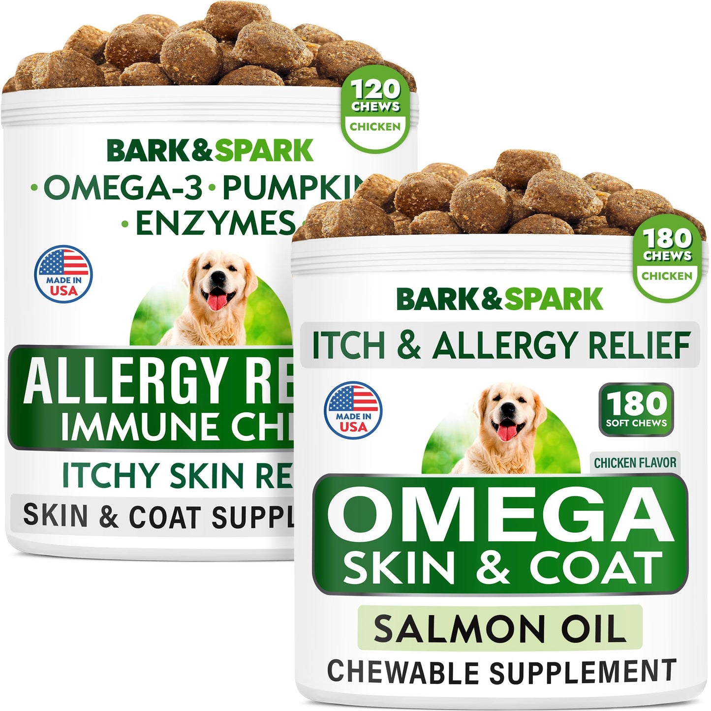 BARK&SPARK Allergy Relief Dog Treats + Omega 3 for Dogs Bundle - Fish Oil Chews for Dog Shedding, Skin Allergy, Itch Relief, Hot Spots Treatment - Joint Health - Skin and Coat Supplement