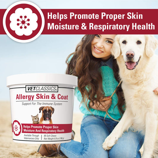 Vet Classics Allergy Skin & Coat Support Pet Supplement for Dogs & Cats – Pet Health Supplement for Cat Skin Moisture, Dog Allergies, Pet Respiratory Health– Includes Antioxidants – Soft Chews 90 Ct.