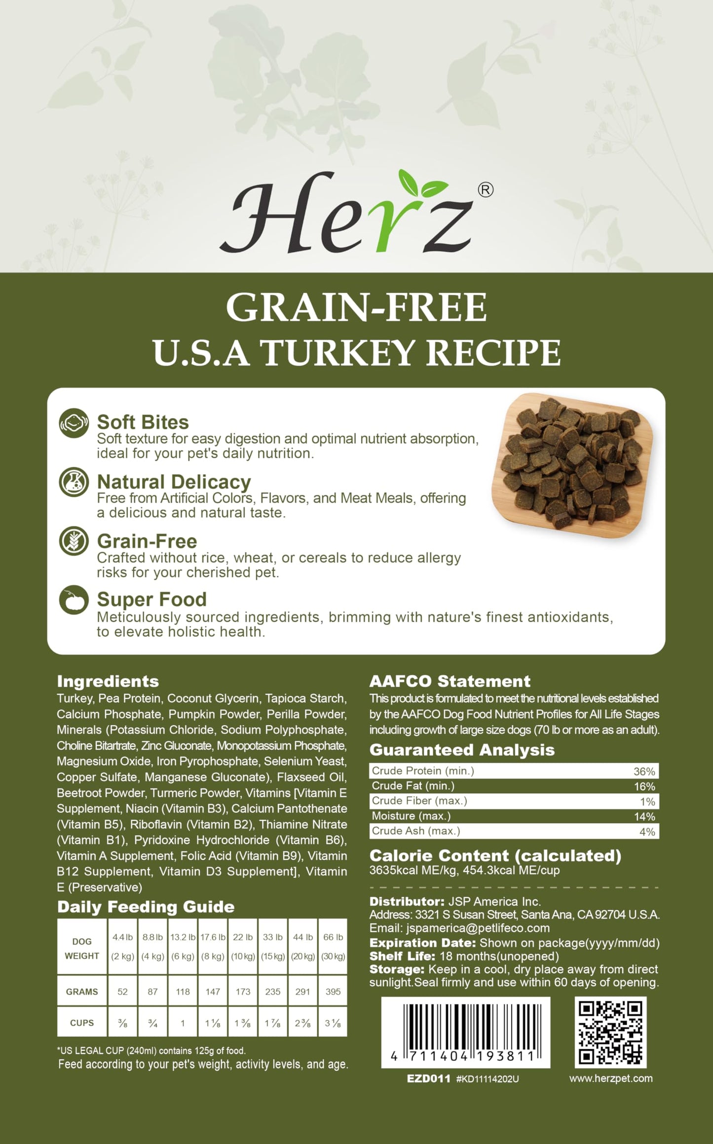 Herz Air-Dried Dog Food – U.S.A Turkey Breast Recipe 2 lb, Single Pure-Meat, Grain Free, All Natural, High Protein, Limited Ingredients