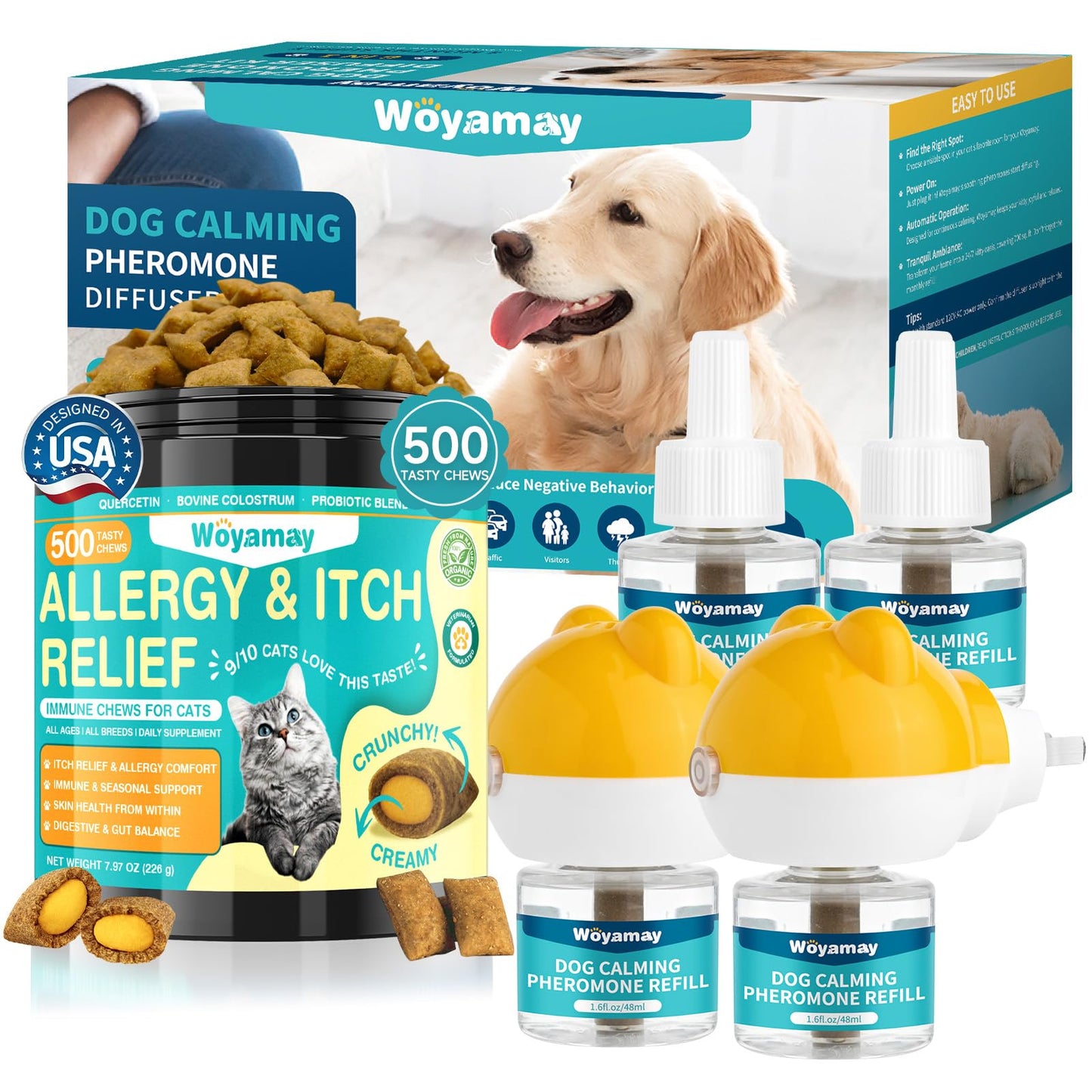 Woyamay Cat & Dog Wellness Bundle – Anti-Itch Allergy Chews for Cats + Dog Calming Pheromone Diffuser Kit, Supports Cat Skin Comfort & Reduces Dog Anxiety, All-in-One Pet Care Solution