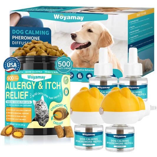 Woyamay Cat & Dog Wellness Bundle – Anti-Itch Allergy Chews for Cats + Dog Calming Pheromone Diffuser Kit, Supports Cat Skin Comfort & Reduces Dog Anxiety, All-in-One Pet Care Solution