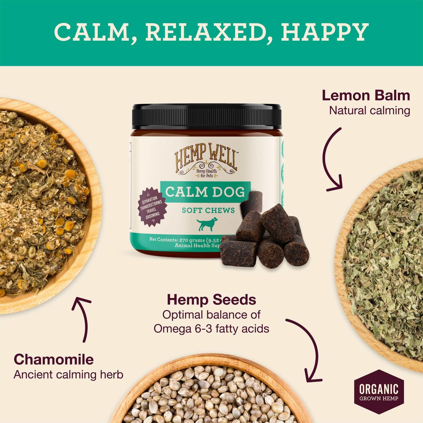 Hemp Well Calm Dog Soft Chews Relieves Anxiety, Calms and Relaxes Your Dog, Aids in Stress Relief and Behavioral Issues, Organically Sourced (2 Pack (120 Chews))