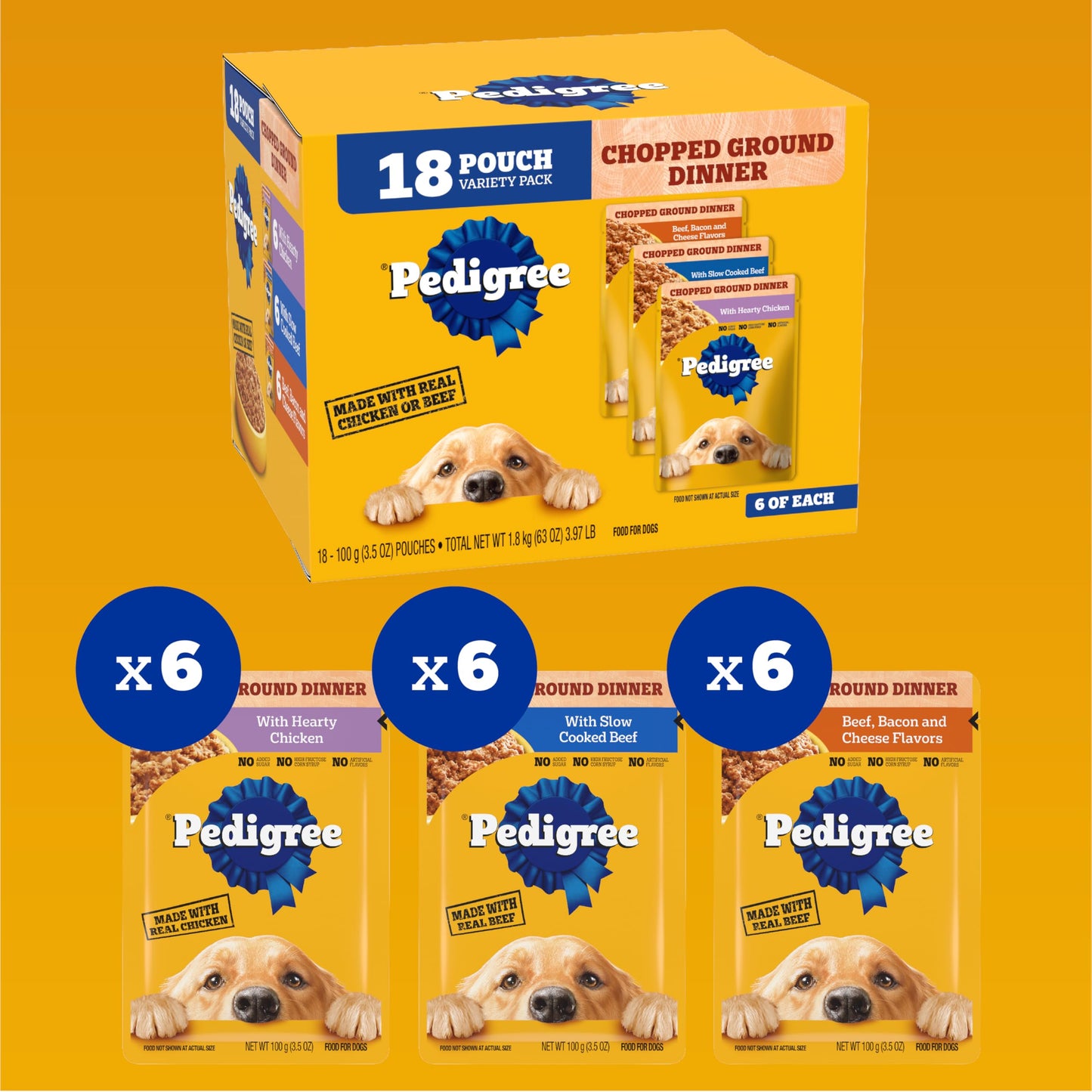 Pedigree Chopped Ground Dinner Adult Soft Wet Dog Food 18-Count Cheese Variety Pack, 3.5 oz. Pouches