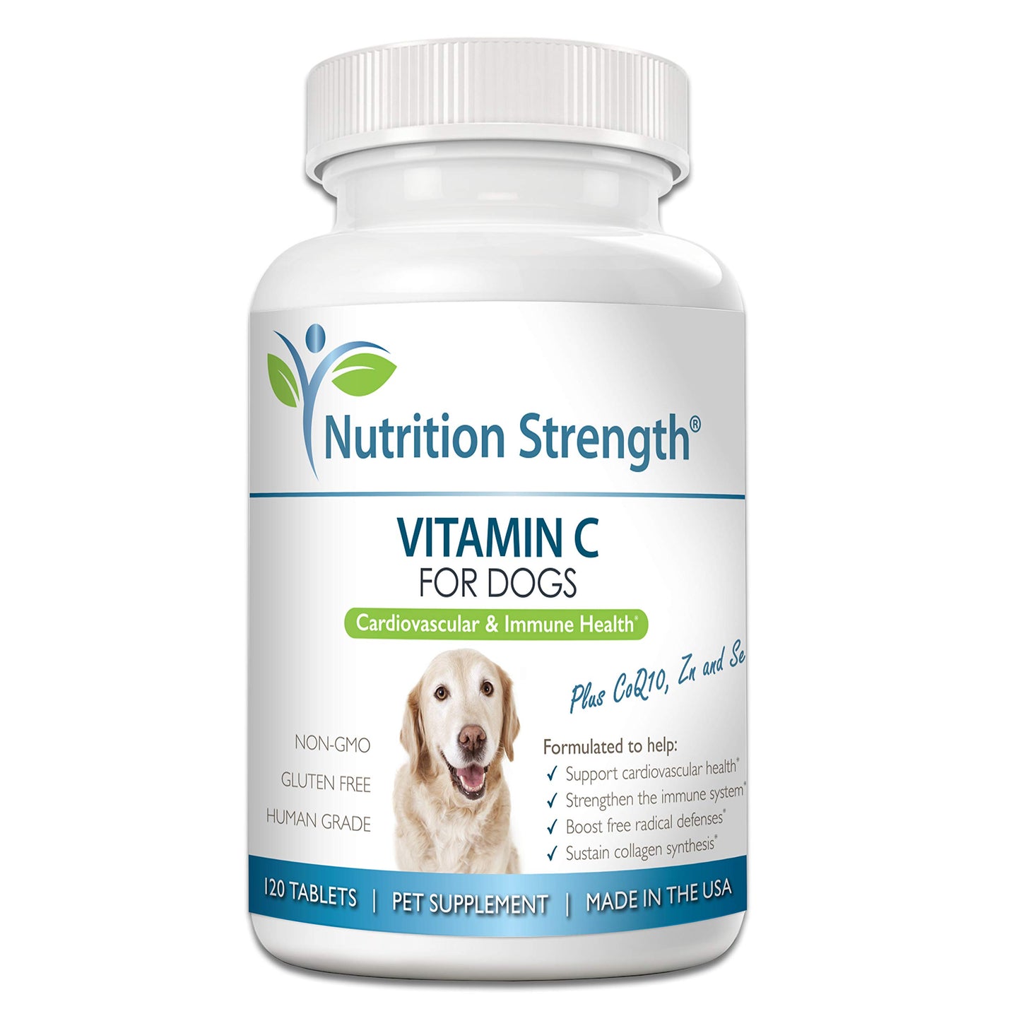 Nutrition Strength Vitamin C for Dogs to Support Cardiovascular Health, Help Strengthen The Immune System, Boost Free Radical Defenses and Sustain Collagen Synthesis, 120 Chewable Tablets