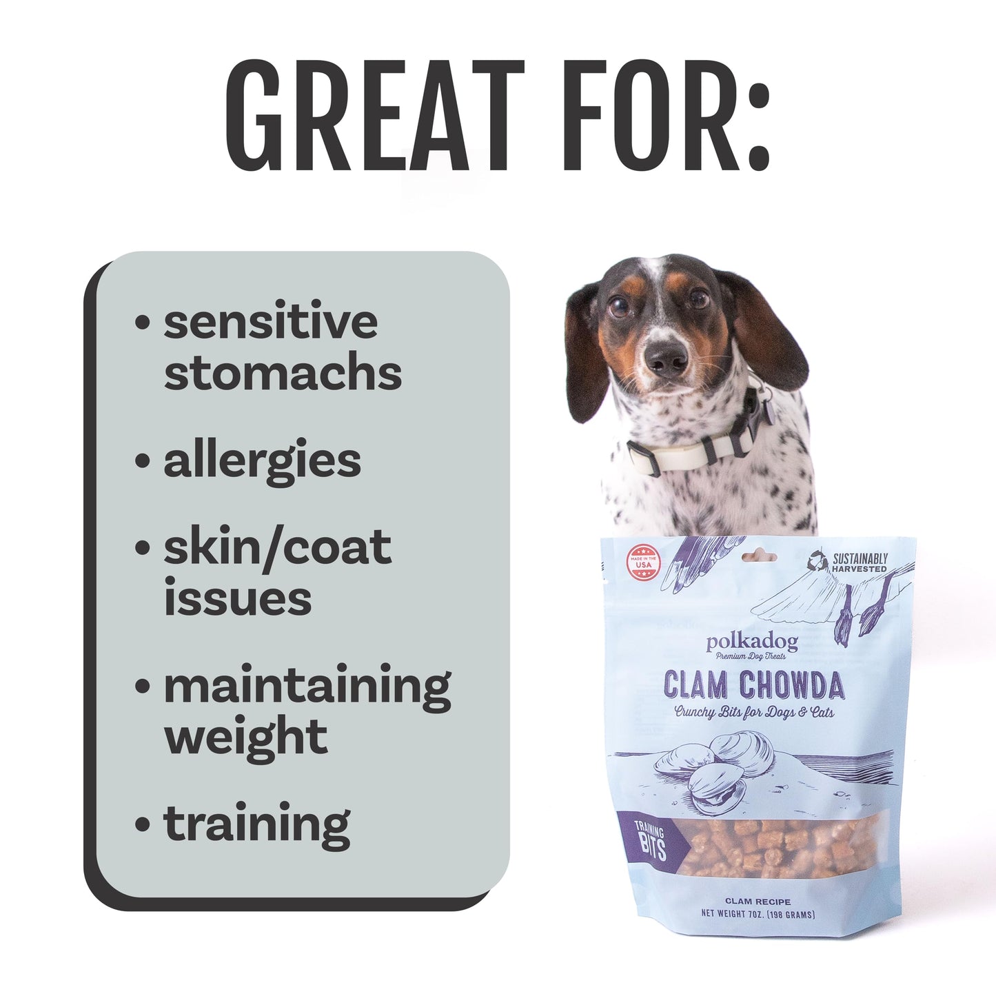 Polkadog Clam Chowda Crunchy Training Bits – All Natural, Limited Ingredient Healthy Training Treats for Dogs. Handcrafted & Made in USA. Made with Atlantic Quahogs, High in Omega-3 – 7oz