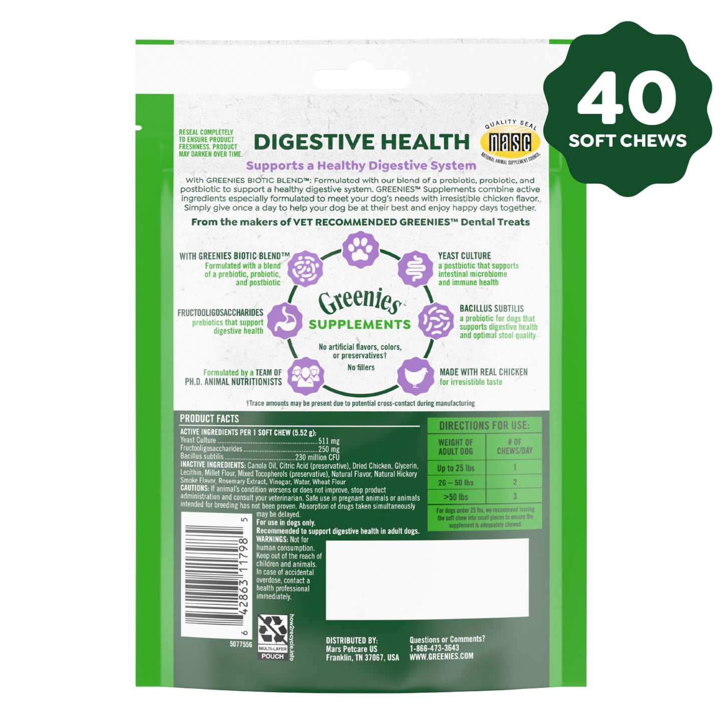 Greenies Supplements Digestive Health Probiotics for Dogs Chicken Flavor, 7.8 oz. Pouch of 40 ct.