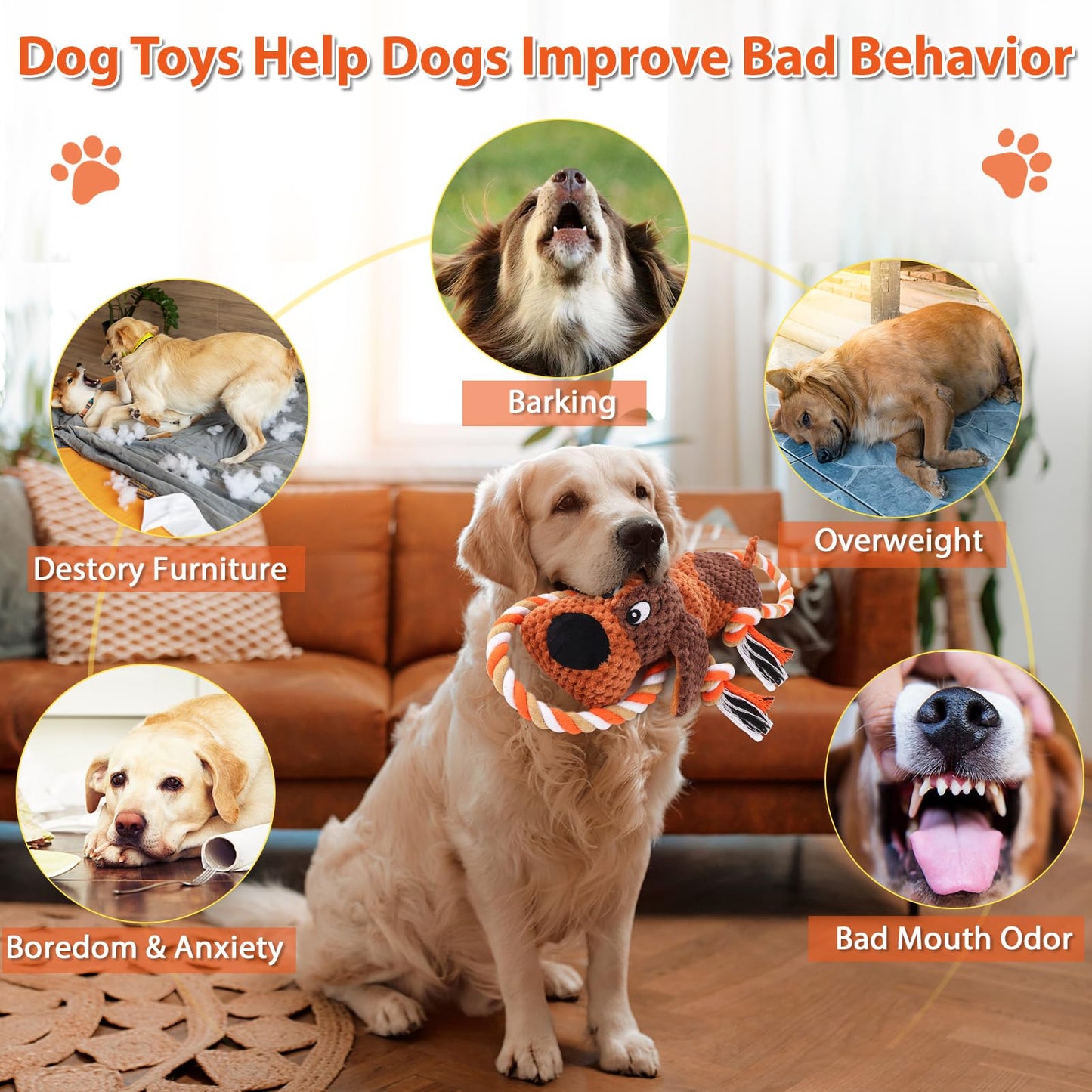 Plush Dog Toys with Rope, Squeaker & Crinkle Paper – Interactive Squeaky Chew Toy for Large Dogs & Puppies – Tough Pet Toy for Tug of War, Fetch & Dental Exercise